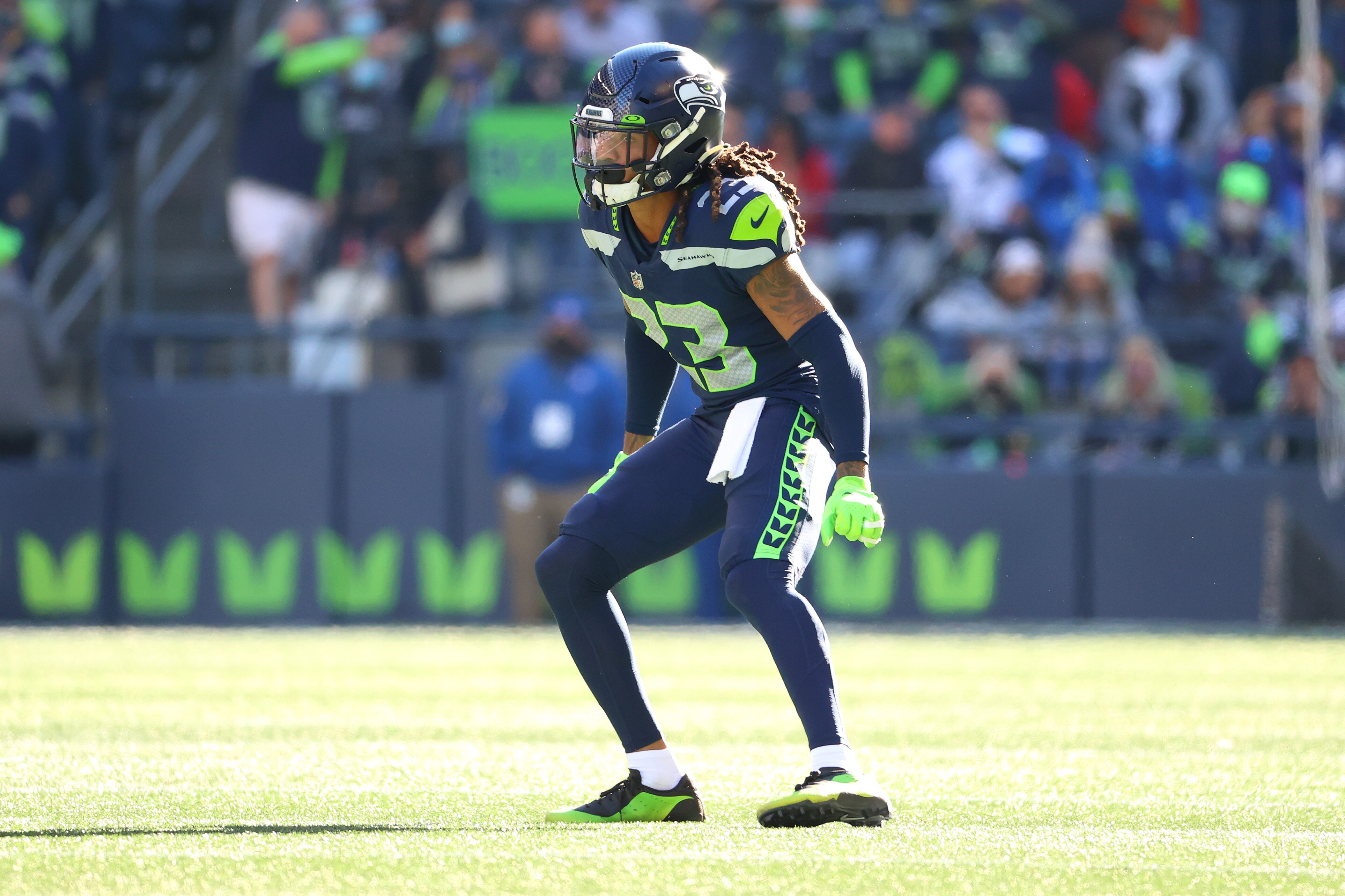 SEATTLE, WASHINGTON - OCTOBER 31: Sidney Jones #23 of the Seattle Seahawks lines up for play against the Jacksonville Jaguars during the second quarter at Lumen Field on October 31, 2021 in Seattle, Washington. (Photo by Abbie Parr/Getty Images)