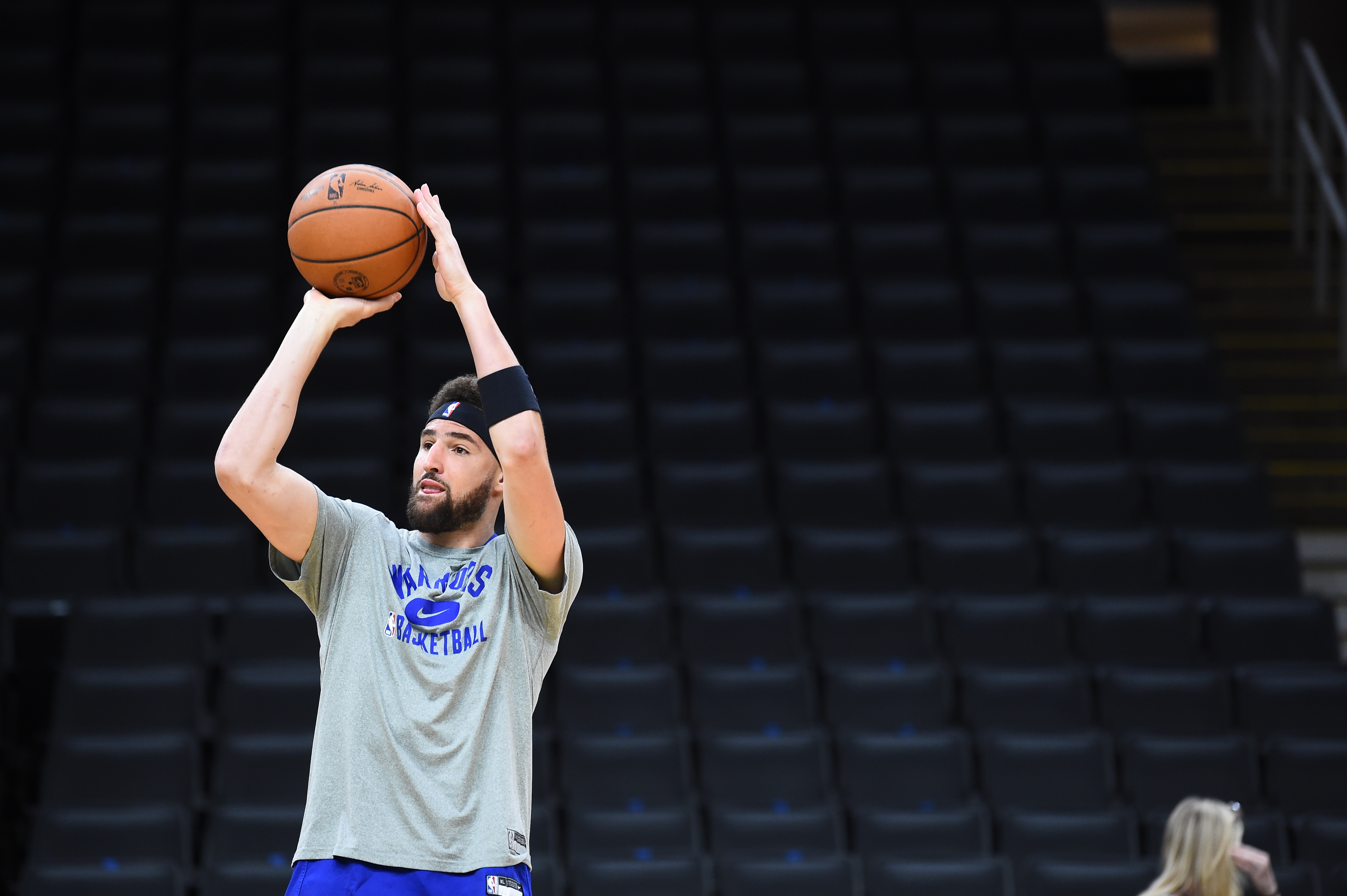 BOSTON, MA  - JUNE 15:  Klay Thompson of the Golden State Warriors shoots during 2022 NBA Finals Practice and Media Availability on June 15, 2022  at the TD Garden in Boston, Massachusetts. NOTE TO USER: User expressly acknowledges and agrees that, by downloading and or using this photograph, user is consenting to the terms and conditions of Getty Images License Agreement. Mandatory Copyright Notice: Copyright 2022 NBAE (Photo by Noah Graham/NBAE via Getty Images)