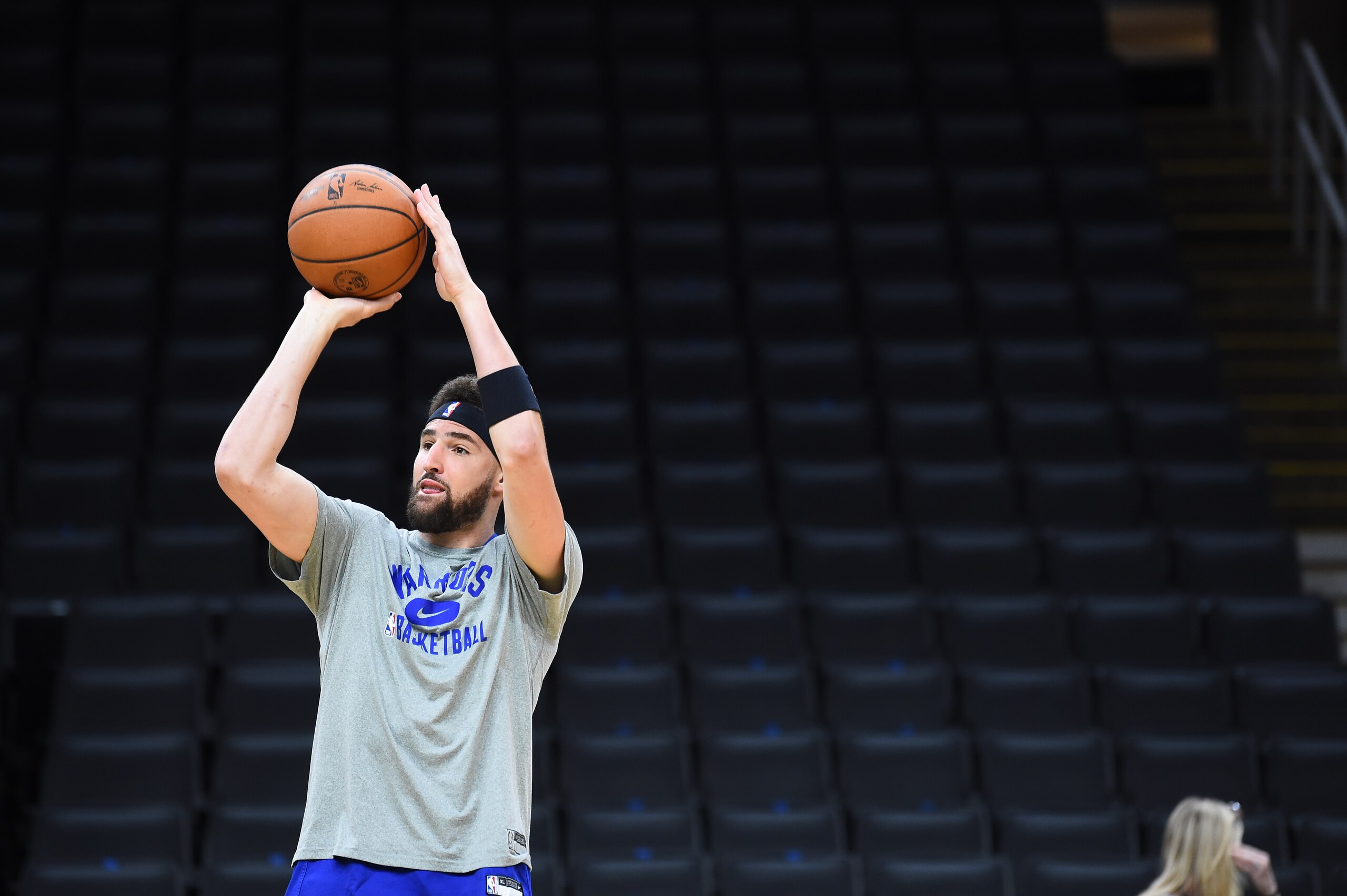 BOSTON, MA  - JUNE 15:  Klay Thompson of the Golden State Warriors shoots during 2022 NBA Finals Practice and Media Availability on June 15, 2022  at the TD Garden in Boston, Massachusetts. NOTE TO USER: User expressly acknowledges and agrees that, by downloading and or using this photograph, user is consenting to the terms and conditions of Getty Images License Agreement. Mandatory Copyright Notice: Copyright 2022 NBAE (Photo by Noah Graham/NBAE via Getty Images)