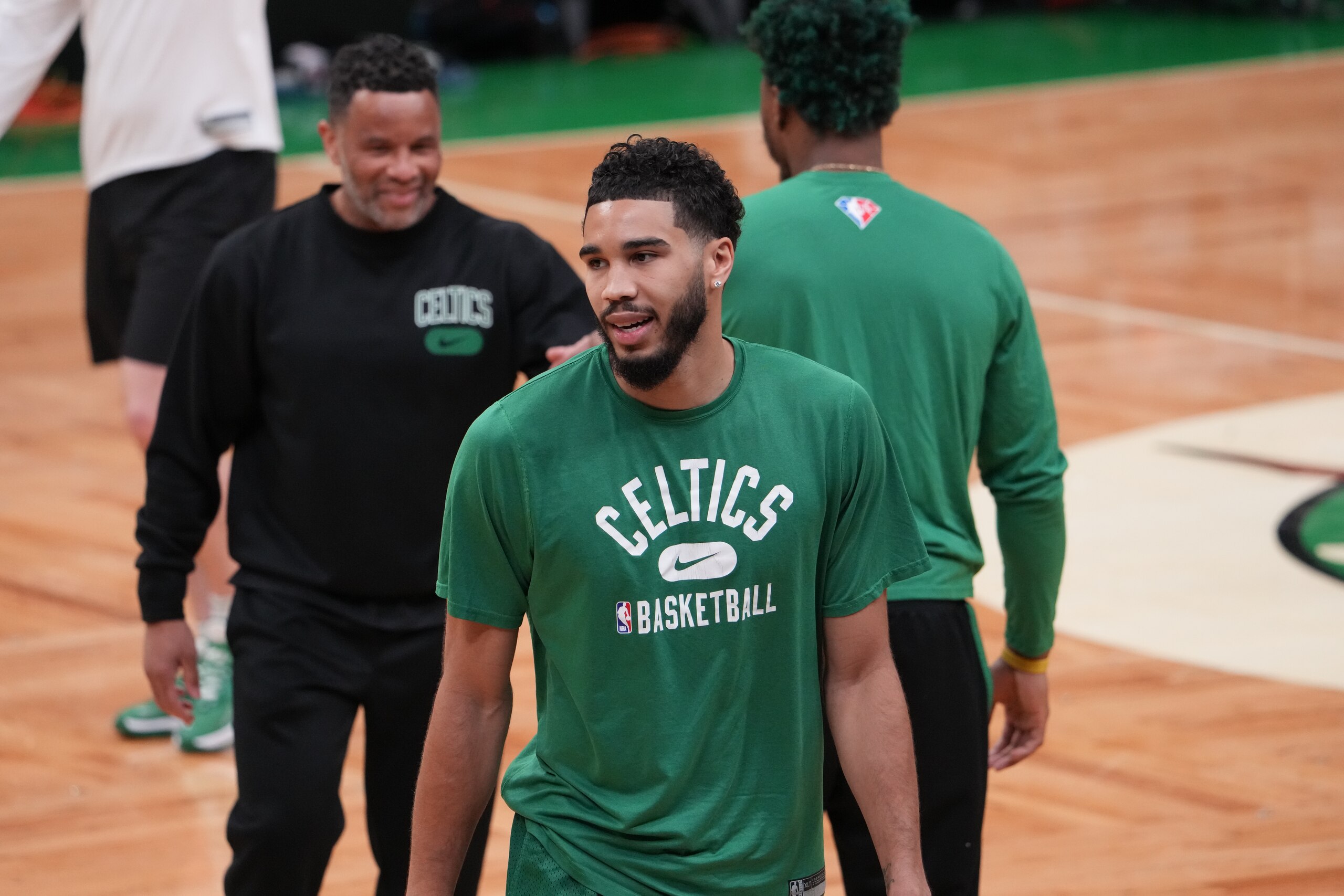 BOSTON, MA  - JUNE 15:  Jayson Tatum of the Boston Celtics participates during 2022 NBA Finals Practice and Media Availability on June 15, 2022  at the TD Garden in Boston, Massachusetts. NOTE TO USER: User expressly acknowledges and agrees that, by downloading and or using this photograph, user is consenting to the terms and conditions of Getty Images License Agreement. Mandatory Copyright Notice: Copyright 2022 NBAE (Photo by Jesse D. Garrabrant/NBAE via Getty Images)