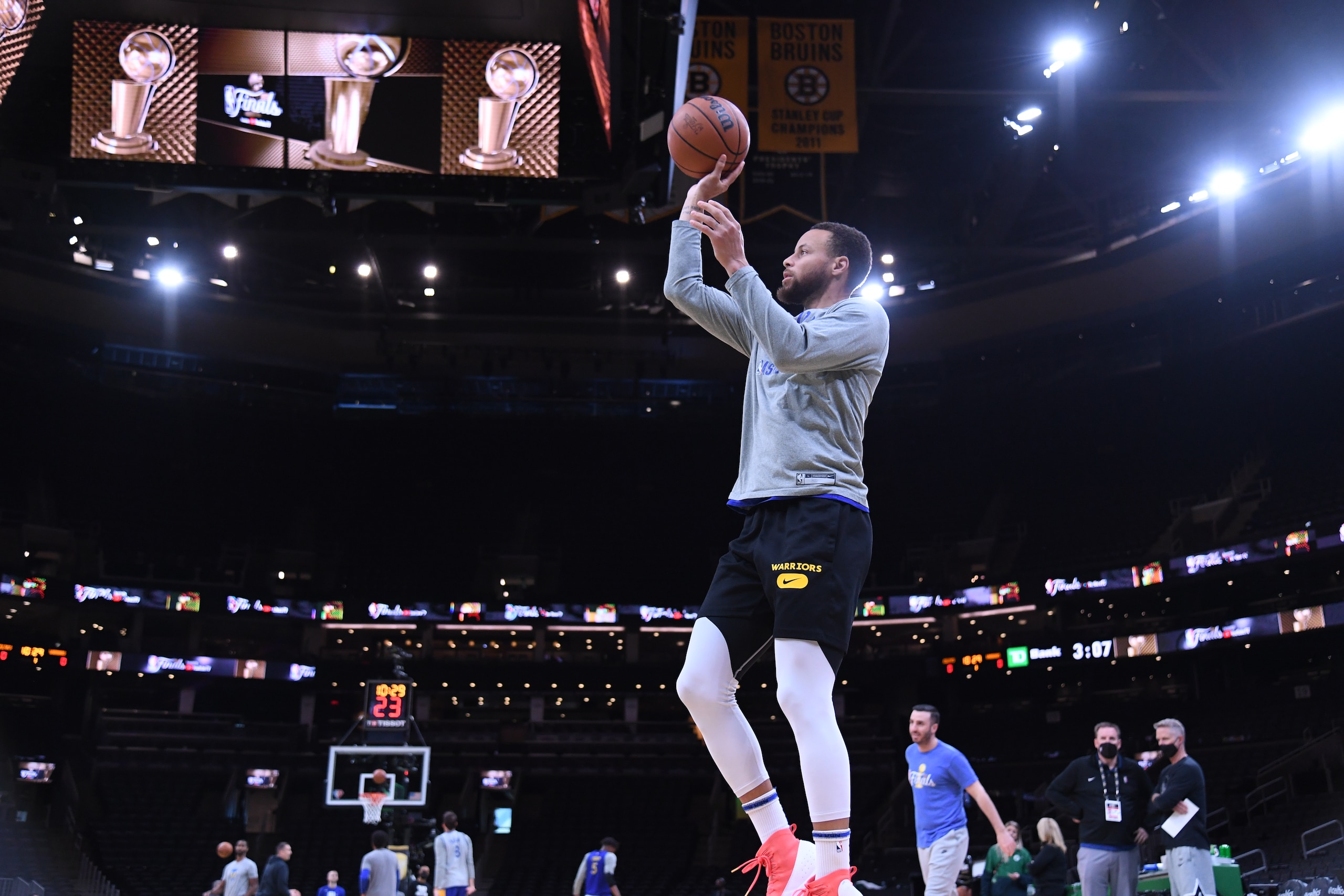 BOSTON, MA  - JUNE 15:  Stephen Curry of the Golden State Warriors shoots during 2022 NBA Finals Practice and Media Availability on June 15, 2022  at the TD Garden in Boston, Massachusetts. NOTE TO USER: User expressly acknowledges and agrees that, by downloading and or using this photograph, user is consenting to the terms and conditions of Getty Images License Agreement. Mandatory Copyright Notice: Copyright 2022 NBAE (Photo by Noah Graham/NBAE via Getty Images)