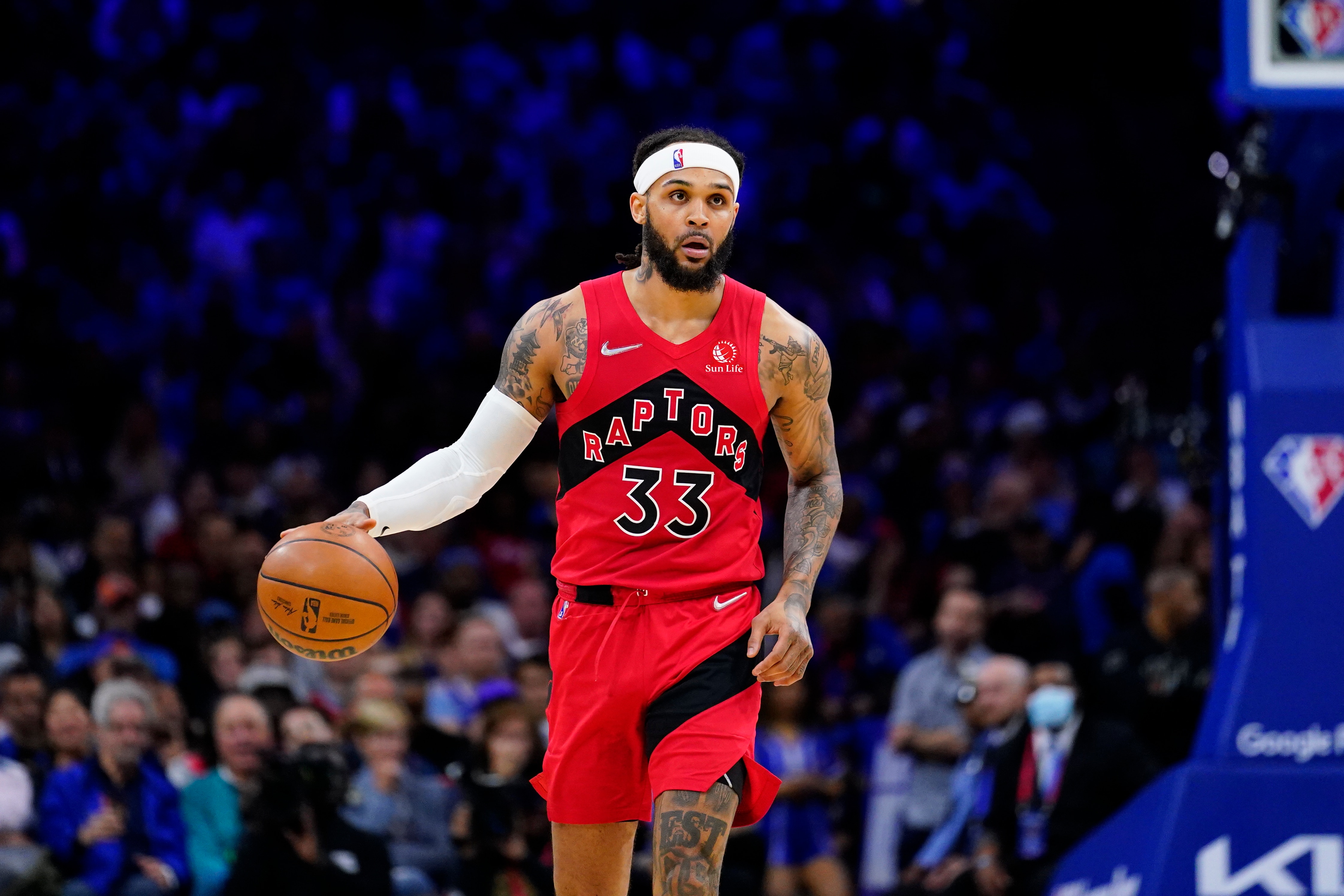 Toronto Raptors' Gary Trent Jr. plays during Game 5 of an NBA basketball first-round playoff series, Monday, April 25, 2022, in Philadelphia. (AP Photo/Matt Slocum)