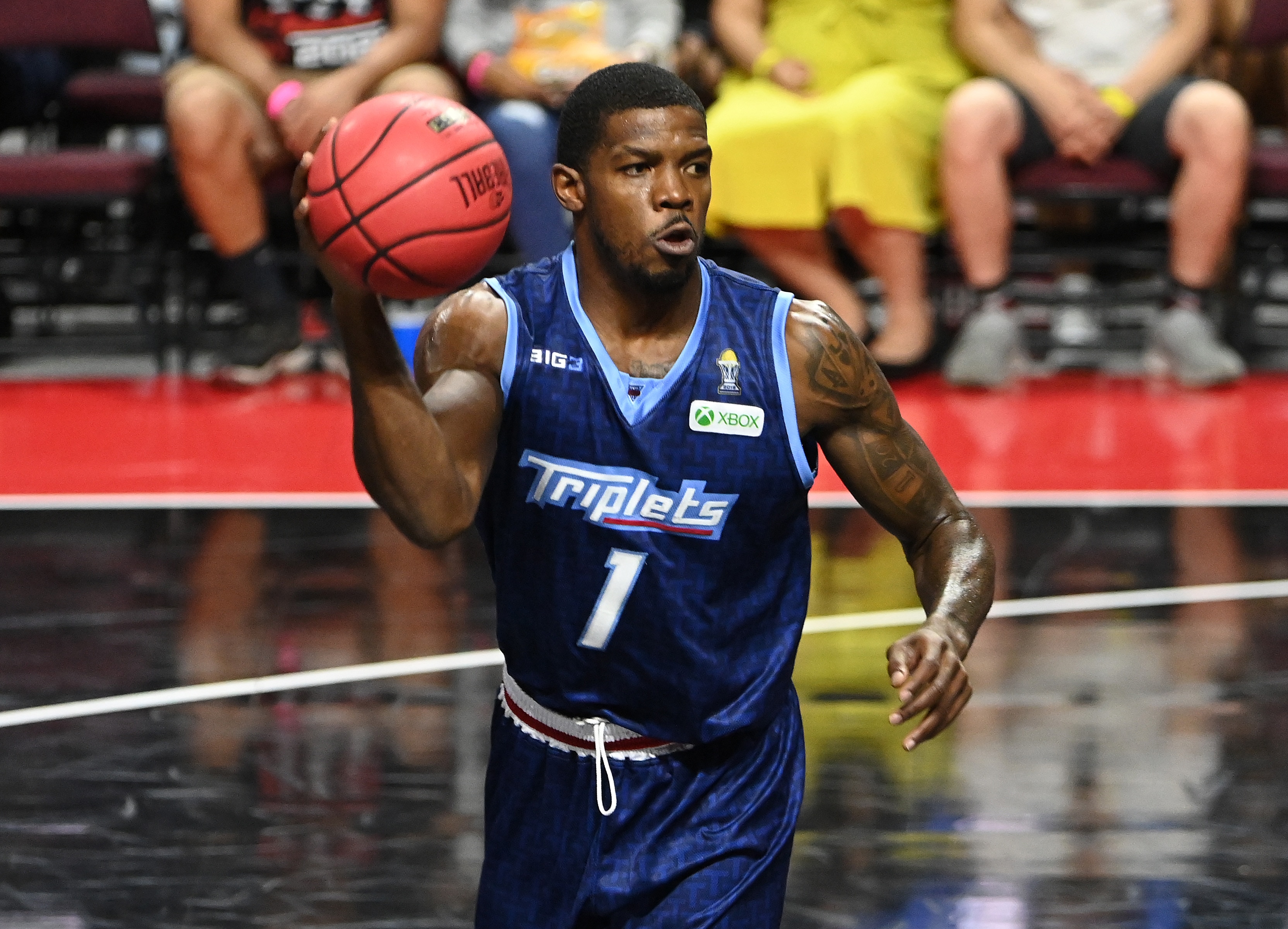 LAS VEGAS, NEVADA - AUGUST 21: Joe Johnson #1 of Triplets looks to pass against Tri-State during a BIG3 game in Week Eight at the Orleans Arena on August 21, 2021 in Las Vegas, Nevada. (Photo by David Becker/Getty Images for BIG3)