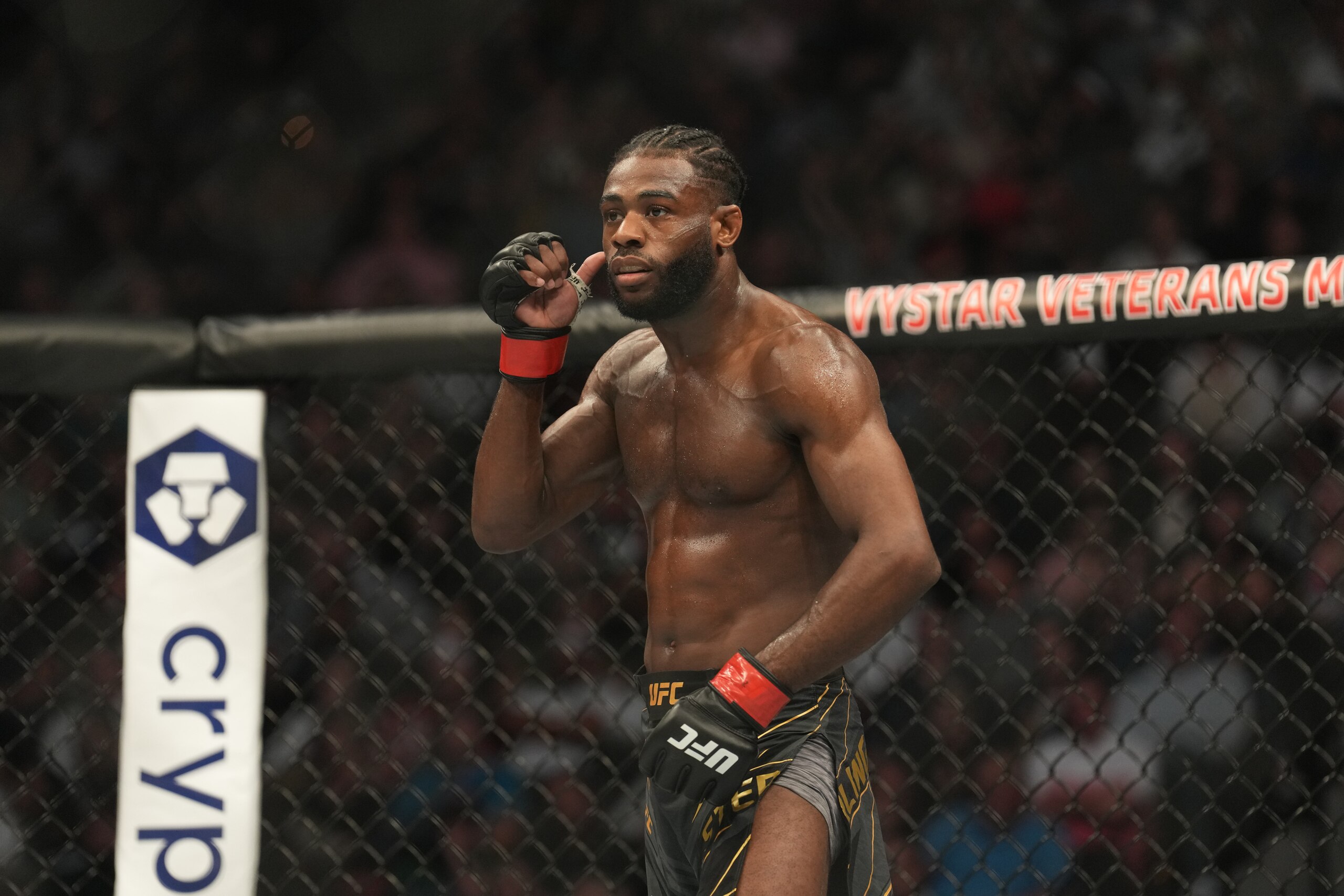 JACKSONVILLE, FL - APRIL 9: Aljamain Sterling stands in his corner between rounds of his bout against Petr Yan in their Bantamweight fight during the UFC 273 event on April 9, 2022, at Vystar Memorial Arena in Jacksonville, Florida. (Photo by Louis Grasse/PxImages/Icon Sportswire via Getty Images)