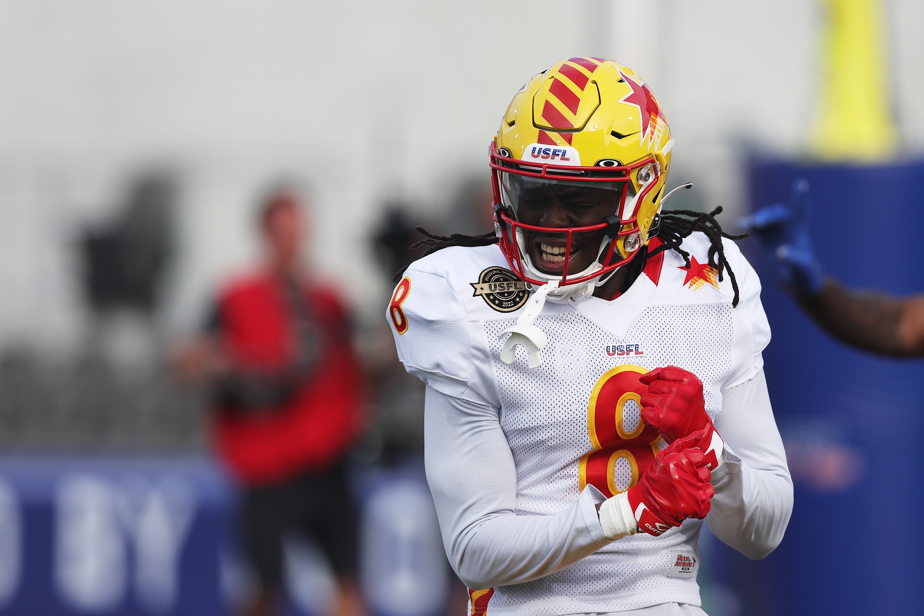 BIRMINGHAM, ALABAMA - APRIL 17: Channing Stribling #8 of Philadelphia Stars celebrates after breaking up a pass in the second quarter of the game against the New Orleans Breakers at Protective Stadium on April 17, 2022 in Birmingham, Alabama. (Photo by Rob Carr/USFL/Getty Images)