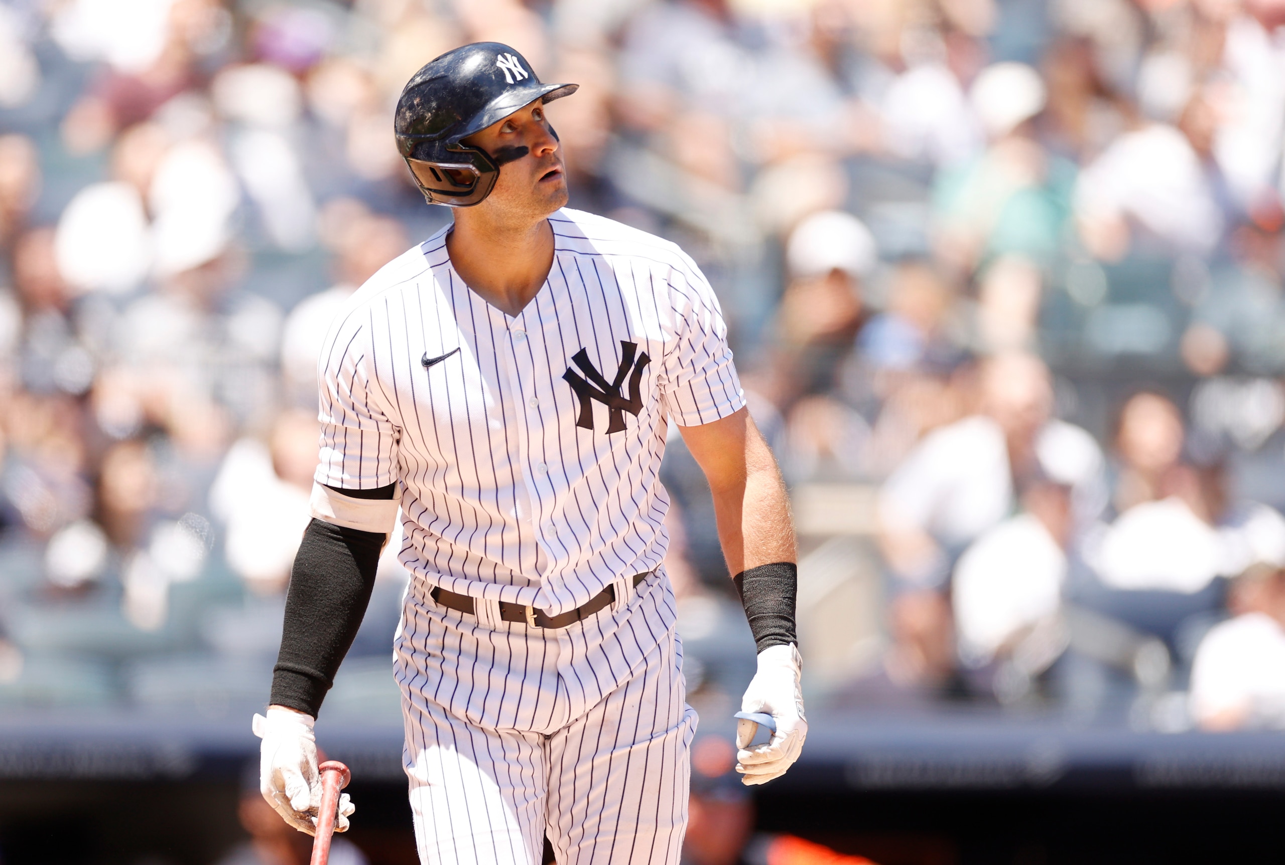 NEW YORK, NEW YORK - JUNE 05: Joey Gallo #13 of the New York Yankees reacts after hitting a two-run home run during the fifth inning against the Detroit Tigers at Yankee Stadium on June 05, 2022 in the Bronx borough of New York City. (Photo by Sarah Stier/Getty Images)
