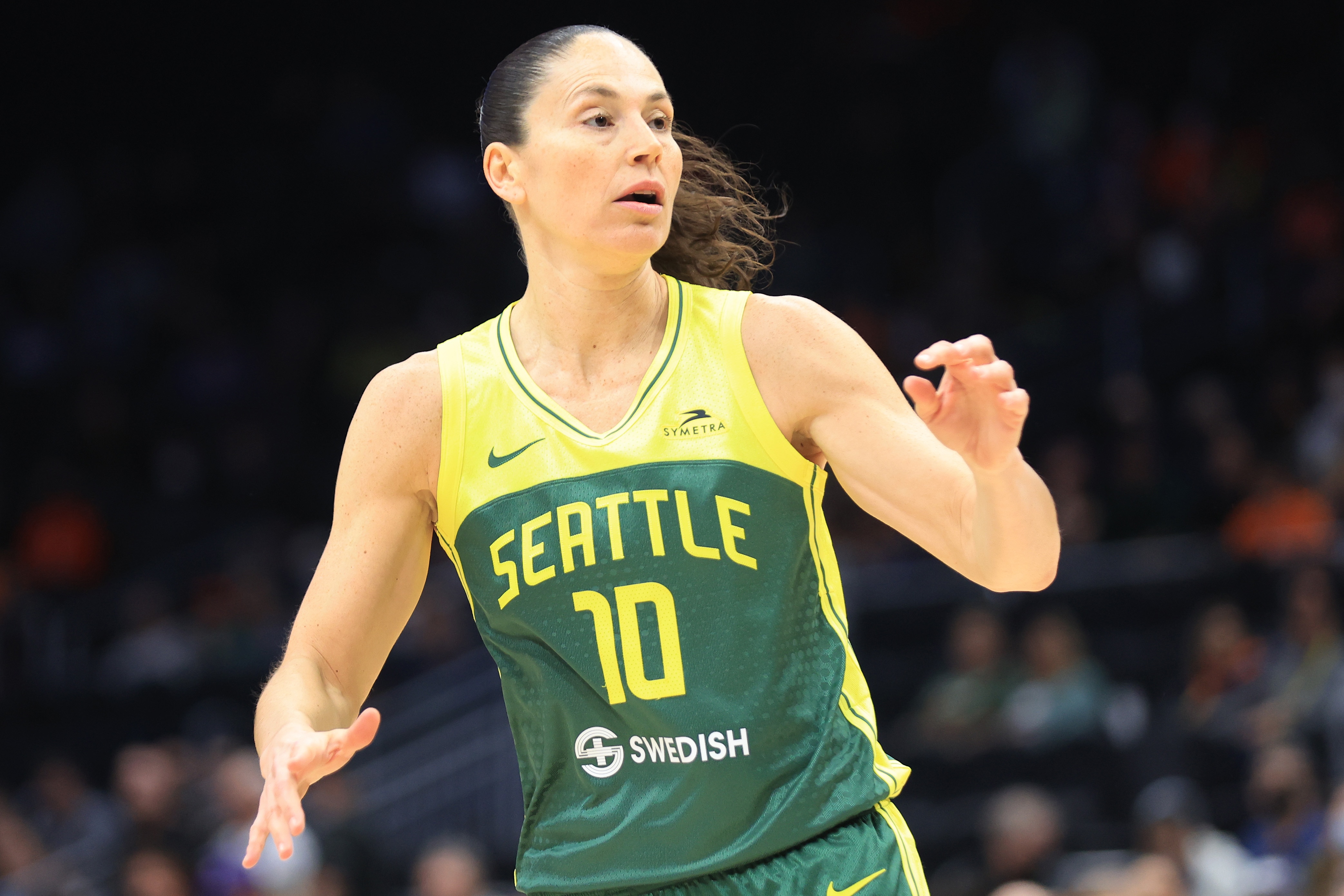 SEATTLE, WASHINGTON - JUNE 05: Sue Bird #10 of the Seattle Storm looks on against the Connecticut Sun during the first quarter at Climate Pledge Arena on June 05, 2022 in Seattle, Washington.  NOTE TO USER: User expressly acknowledges and agrees that, by downloading and or using this photograph, User is consenting to the terms and conditions of the Getty Images License Agreement. (Photo by Abbie Parr/Getty Images)