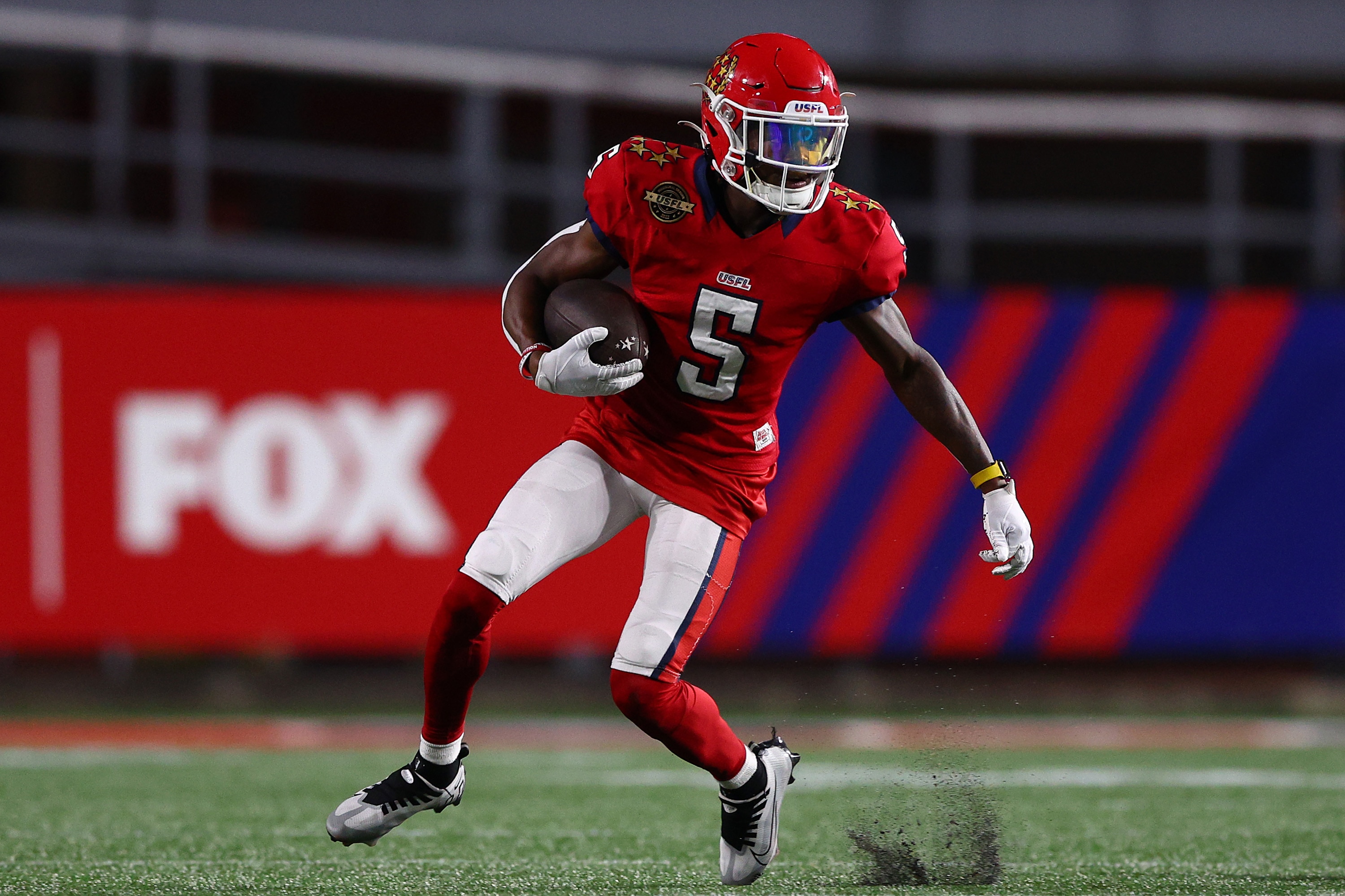BIRMINGHAM, ALABAMA - JUNE 03: KaVontae Turpin #5 of the New Jersey Generals runs with the ball in the third quarter of the game against the Pittsburgh Maulers at Legion Field on June 03, 2022 in Birmingham, Alabama. (Photo by Elsa/USFL/Getty Images)