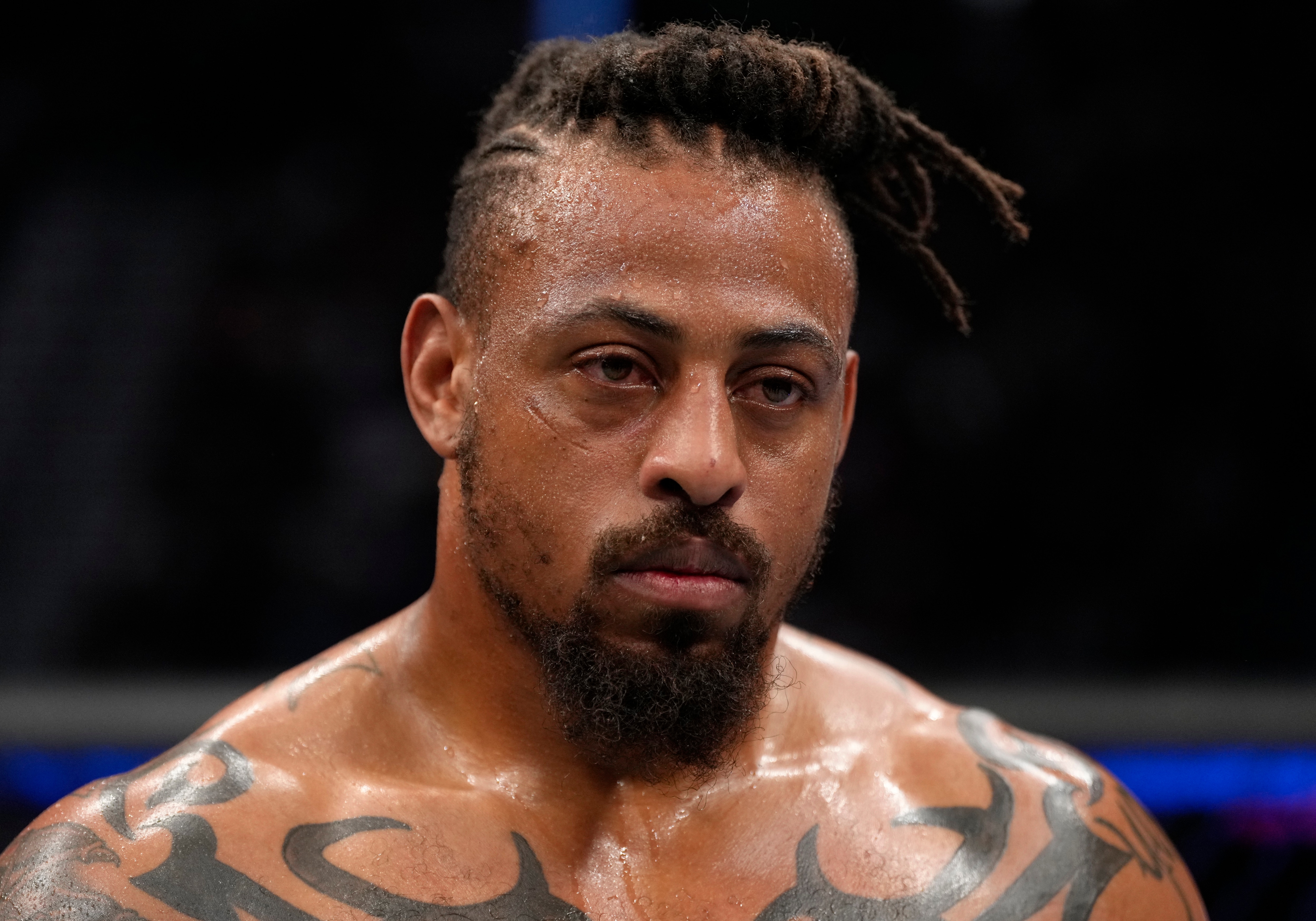 LAS VEGAS, NEVADA - MARCH 05: Greg Hardy reacts after his TKO loss to Serghei Spivac of Moldova in their heavyweight fight during the UFC 272 event on March 05, 2022 in Las Vegas, Nevada. (Photo by Jeff Bottari/Zuffa LLC)