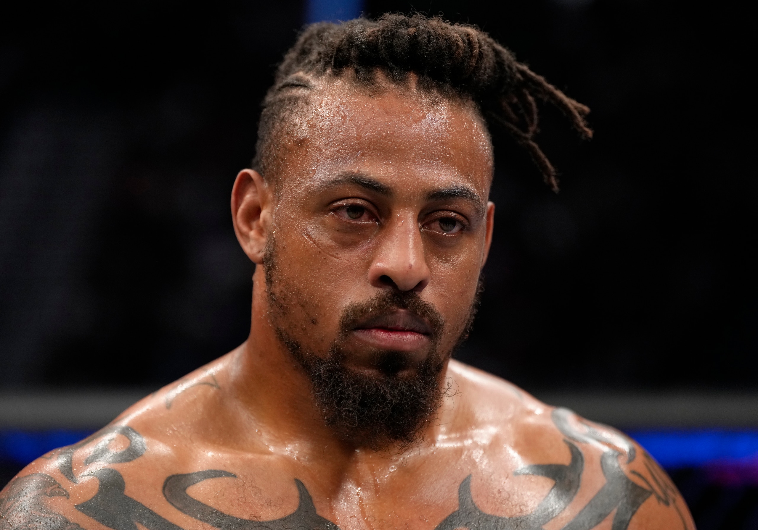 LAS VEGAS, NEVADA - MARCH 05: Greg Hardy reacts after his TKO loss to Serghei Spivac of Moldova in their heavyweight fight during the UFC 272 event on March 05, 2022 in Las Vegas, Nevada. (Photo by Jeff Bottari/Zuffa LLC)