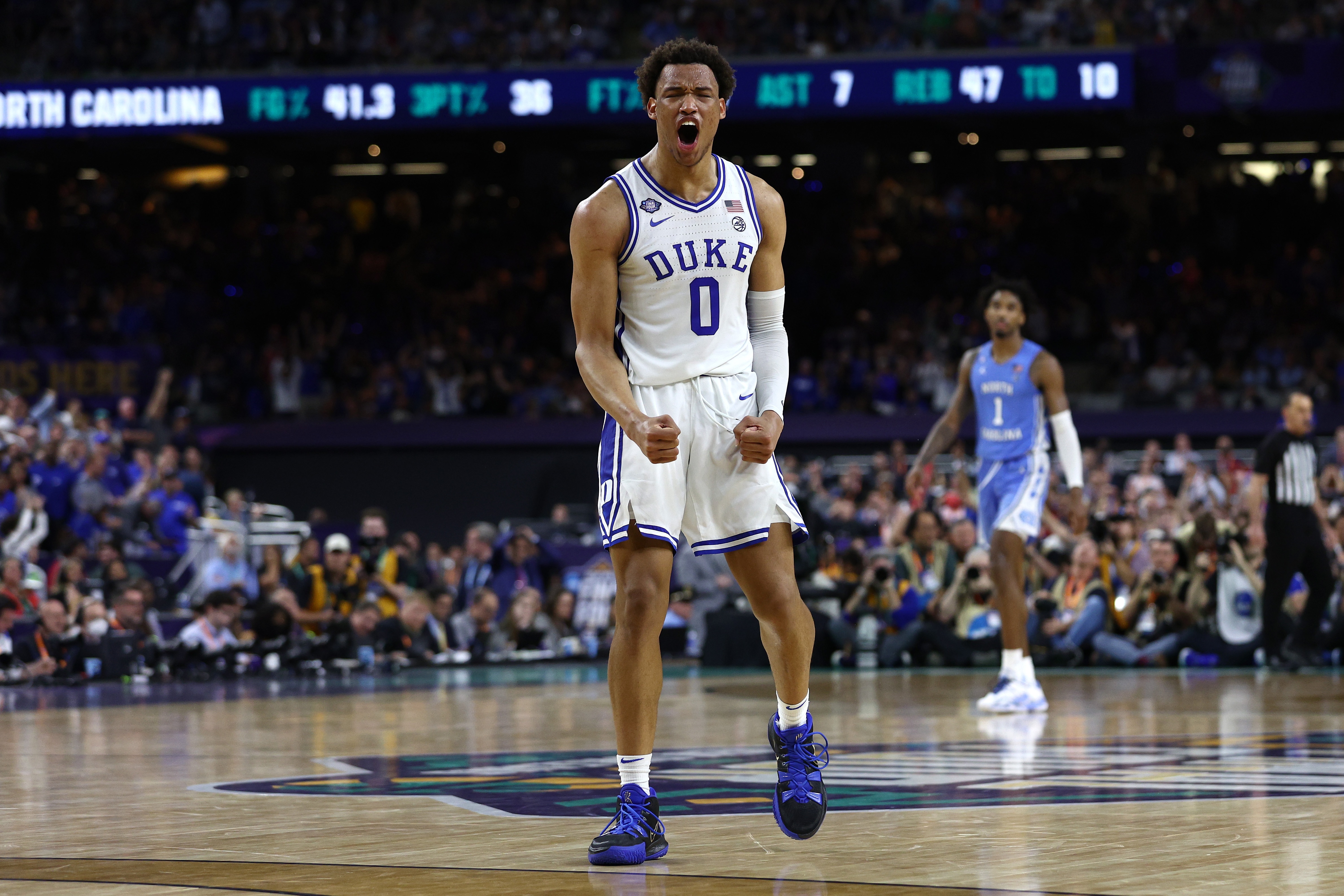NEW ORLEANS, LOUISIANA - APRIL 02: Wendell Moore Jr. #0 of the Duke Blue Devils reacts in the second half of the game against the North Carolina Tar Heels during the 2022 NCAA Men's Basketball Tournament Final Four semifinal at Caesars Superdome on April 02, 2022 in New Orleans, Louisiana. (Photo by Tom Pennington/Getty Images)