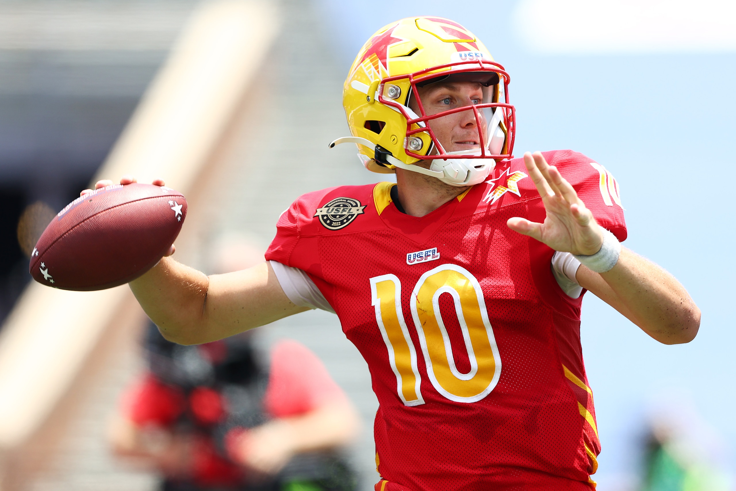 BIRMINGHAM, ALABAMA - JUNE 05: Case Cookus #10 of the Philadelphia Stars passes the ball in the second quarter of the game against the Michigan Panthers at Legion Field on June 05, 2022 in Birmingham, Alabama. (Photo by Elsa/USFL/Getty Images) BIRMINGHAM, ALABAMA - JUNE 05: Case Cookus #10 of the Philadelphia Stars passes the ball in the second quarter of the game against the Michigan Panthers at Legion Field on June 05, 2022 in Birmingham, Alabama. (Photo by Elsa/USFL/Getty Images)