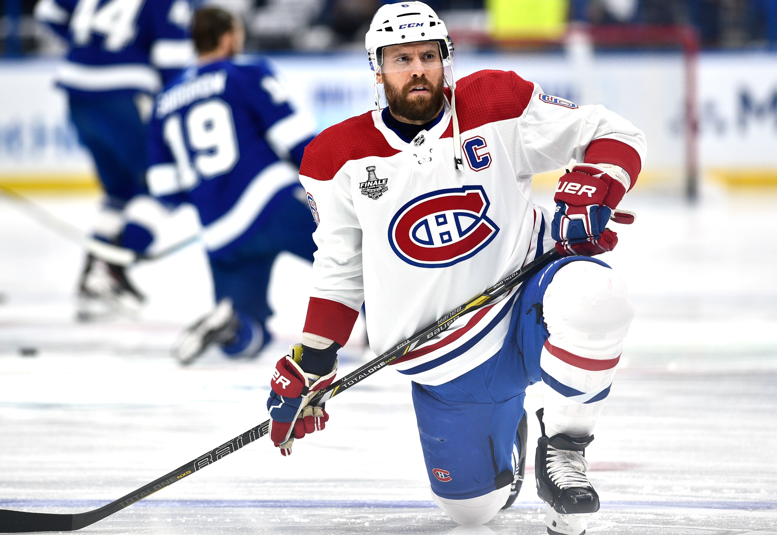 TAMPA, FLORIDA - JULY 07:  Shea Weber #6 of the Montreal Canadiens kneels on the ice during warm-up before Game Five of the 2021 Stanley Cup Final between the Montreal Canadiens and the Tampa Bay Lightning at Amalie Arena on July 07, 2021 in Tampa, Florida. (Photo by Florence Labelle/NHLI via Getty Images)