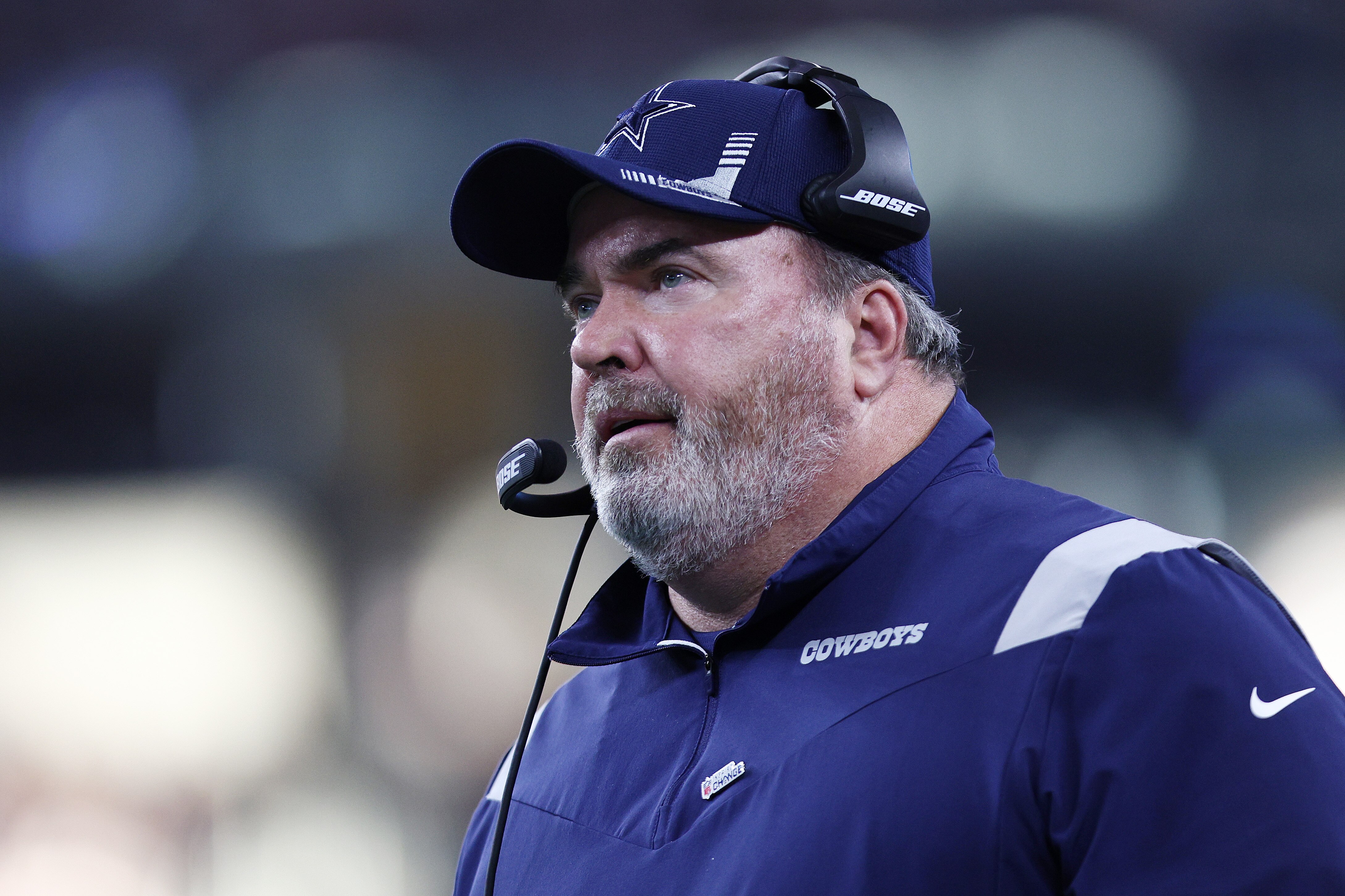 ARLINGTON, TEXAS - JANUARY 02: Head coach Mike McCarthy of the Dallas Cowboys looks on from the sideline during the second quarter against the Arizona Cardinals at AT&T Stadium on January 02, 2022 in Arlington, Texas. (Photo by Tom Pennington/Getty Images) ARLINGTON, TEXAS - JANUARY 02: Head coach Mike McCarthy of the Dallas Cowboys looks on from the sideline during the second quarter against the Arizona Cardinals at AT&T Stadium on January 02, 2022 in Arlington, Texas. (Photo by Tom Pennington/Getty Images)