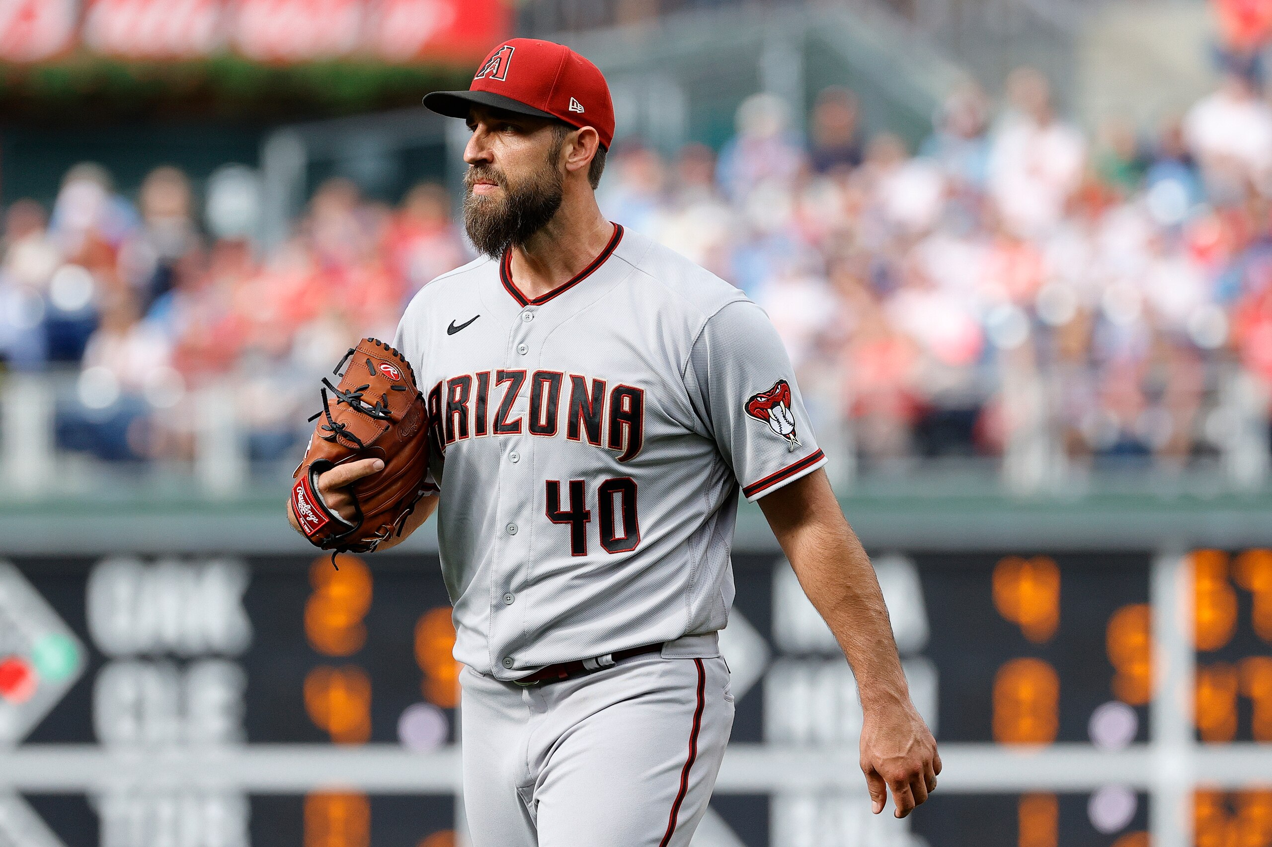 PHILADELPHIA, PENNSYLVANIA - JUNE 11: Madison Bumgarner #40 of the Arizona Diamondbacks looks on during the fifth inning against the Philadelphia Phillies at Citizens Bank Park on June 11, 2022 in Philadelphia, Pennsylvania. (Photo by Tim Nwachukwu/Getty Images)