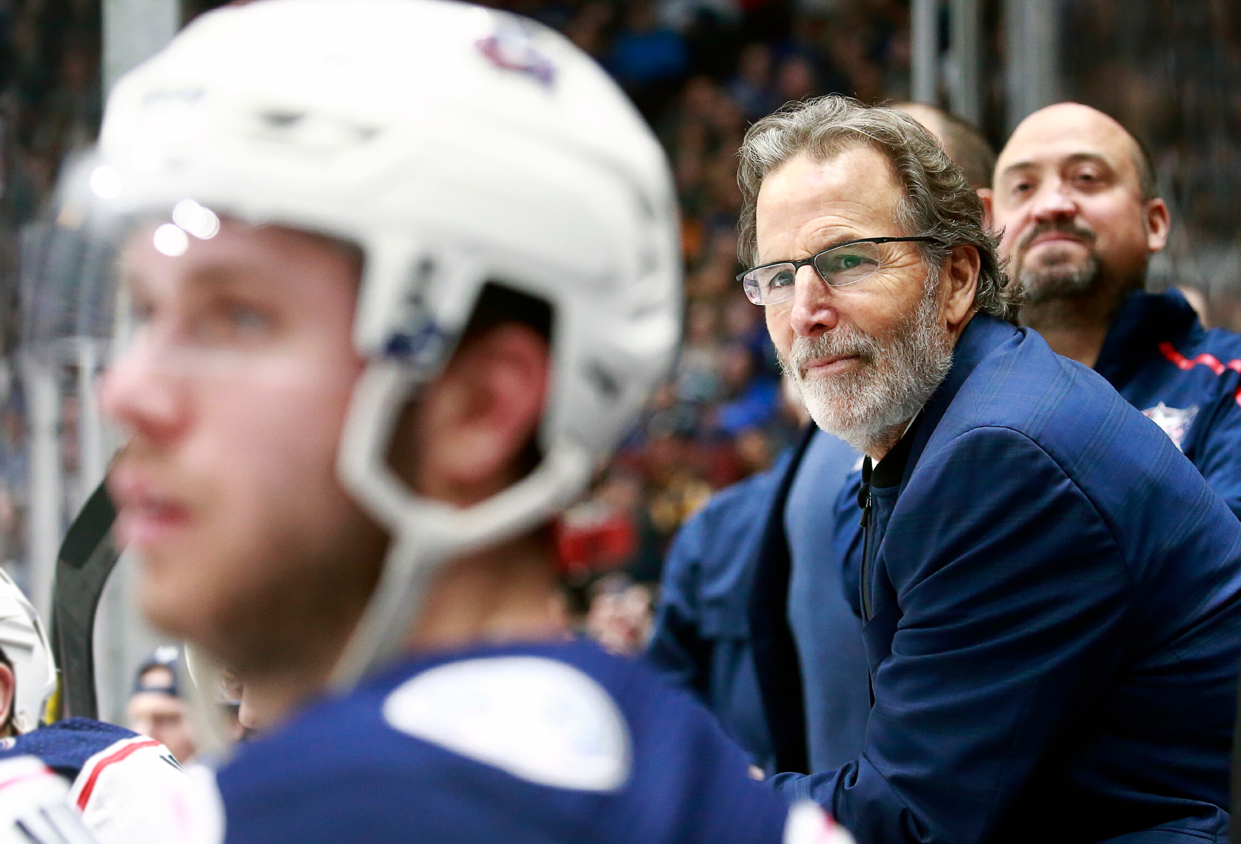 VANCOUVER, BC - MARCH 8: Head coach John Tortorella of the Columbus Blue Jackets looks on from the bench during their NHL game against the Vancouver Canucks at Rogers Arena March 8, 2020 in Vancouver, British Columbia, Canada.  (Photo by Jeff Vinnick/NHLI via Getty Images)"n