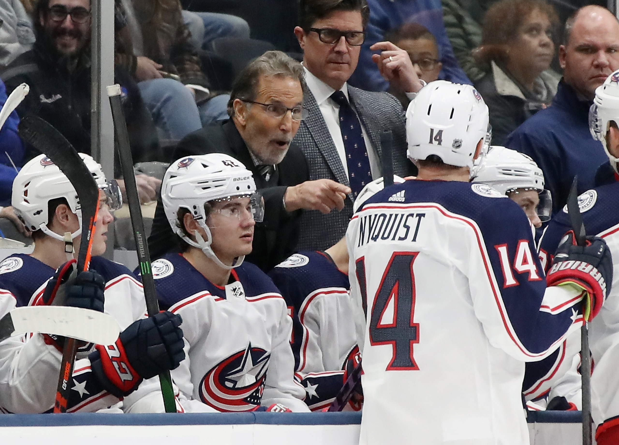 UNIONDALE, NEW YORK - DECEMBER 23: John Tortorella, head coach of the Columbus Blue Jackets handles bench duties against the New York Islanders at NYCB Live's Nassau Coliseum on December 23, 2019 in Uniondale, New York. With the game, Tortorella tied Jacques Martin for 13th place in the NHL in games coached with 1294. The Blue Jackets defeated the Islanders 3-2. (Photo by Bruce Bennett/Getty Images)