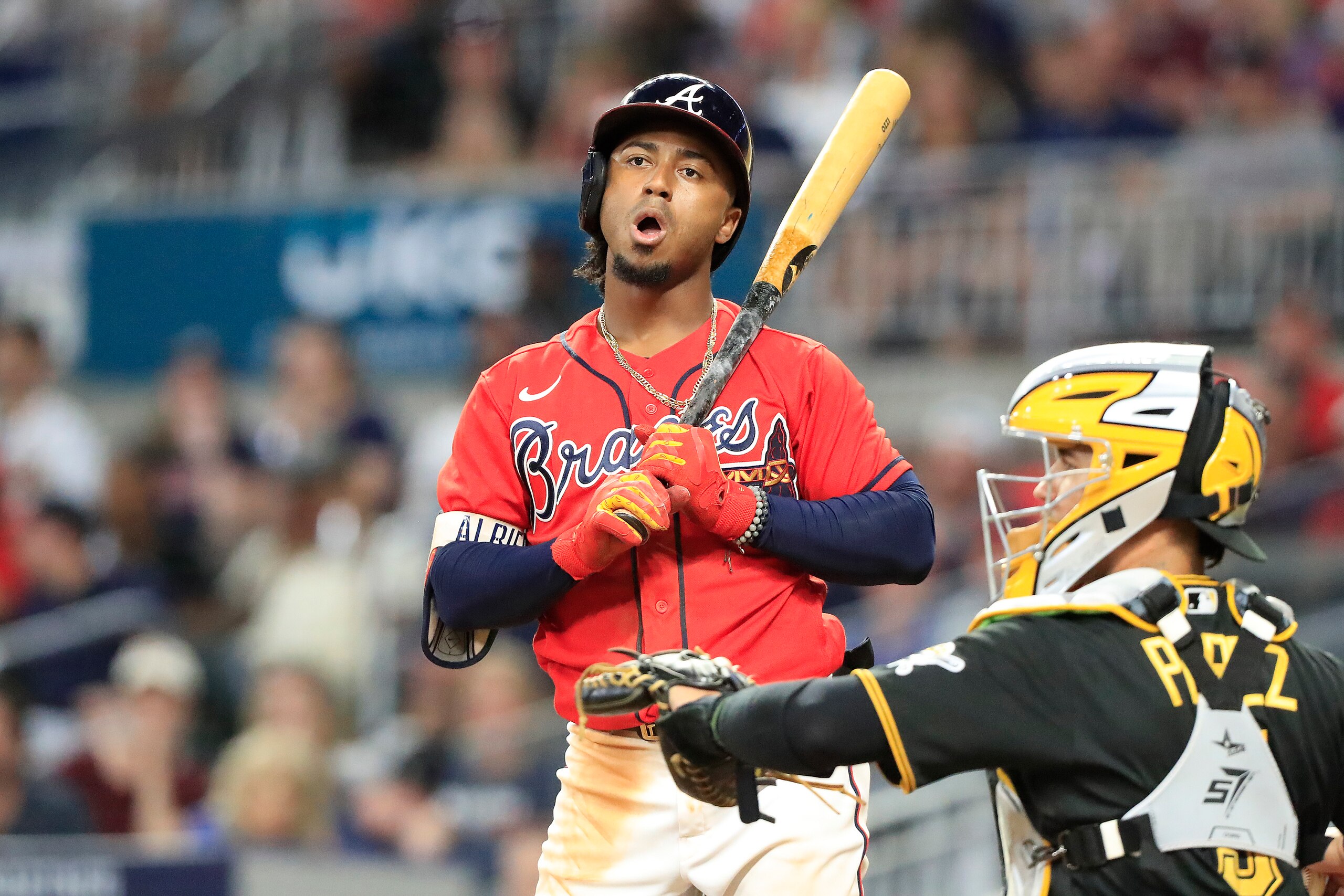 ATLANTA, GA - JUNE 10: Ozzie Albies (1) of the Atlanta Braves reacts to a called strike during the Friday evening MLB game between the Atlanta Braves and the Pittsburgh Pirates on June 10, 2022 at Truist Park in Atlanta, Georgia.   (Photo by David J. Griffin/Icon Sportswire via Getty Images)