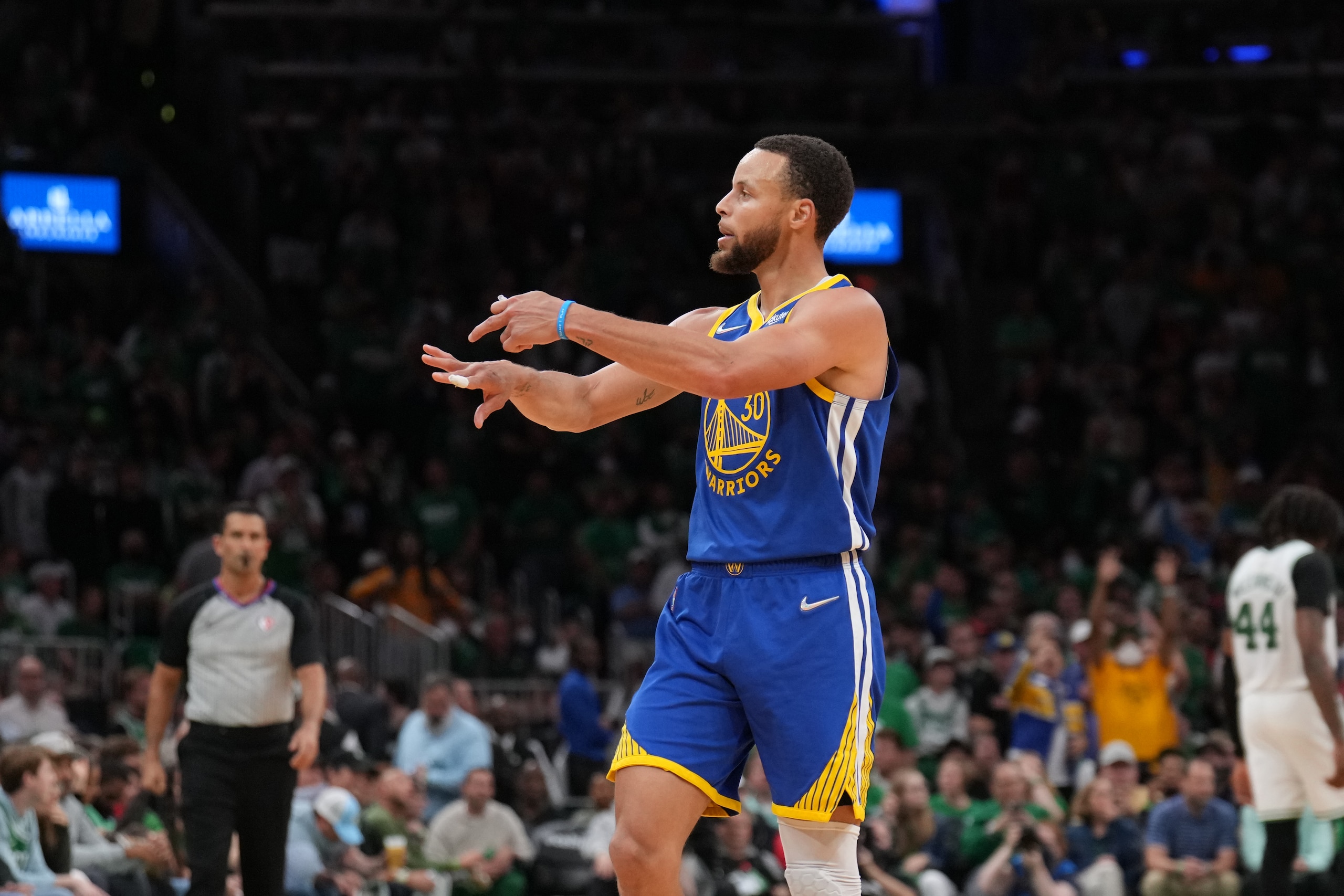BOSTON, MA - JUNE 16: Stephen Curry #30 of the Golden State Warriors celebrates during Game Six of the 2022 NBA Finals on June 16, 2022 at TD Garden in Boston, Massachusetts. NOTE TO USER: User expressly acknowledges and agrees that, by downloading and or using this photograph, user is consenting to the terms and conditions of Getty Images License Agreement. Mandatory Copyright Notice: Copyright 2022 NBAE (Photo by Jesse D. Garrabrant/NBAE via Getty Images)