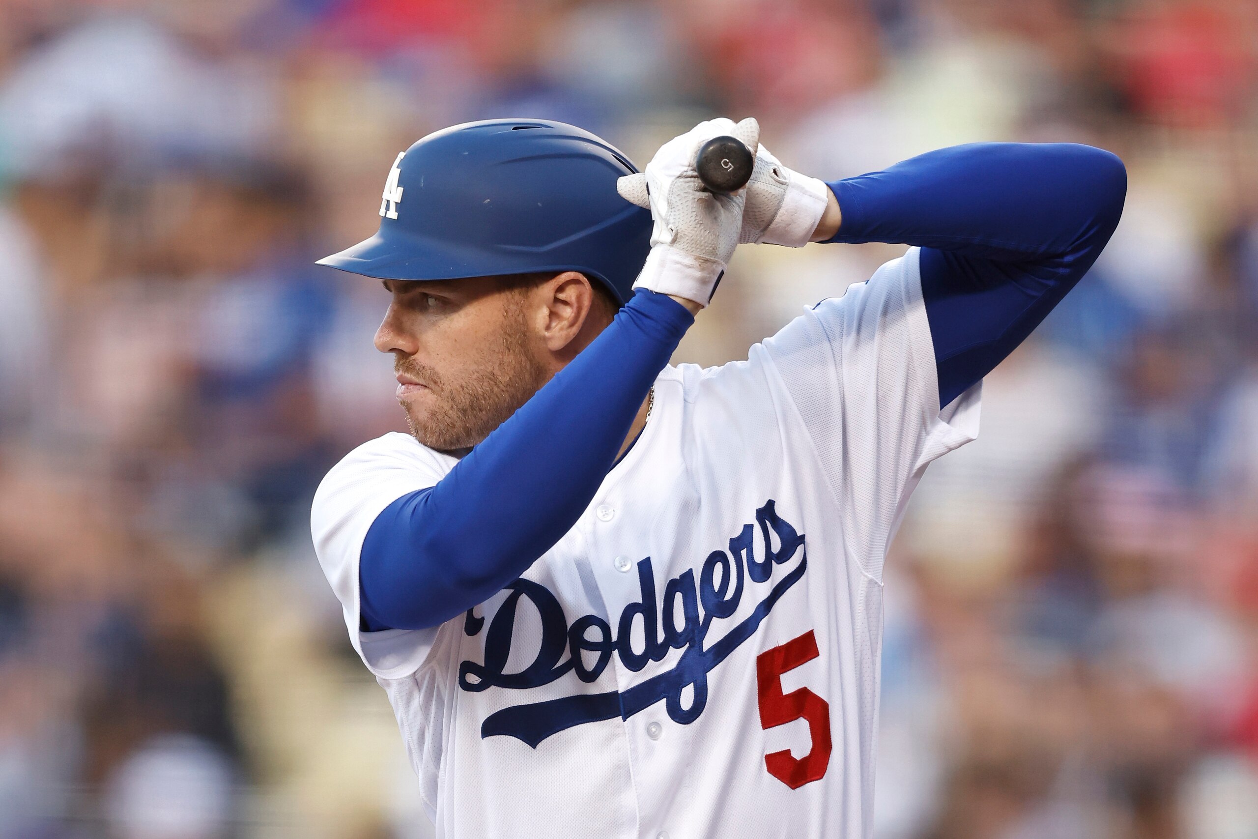 LOS ANGELES, CALIFORNIA - JUNE 14: Freddie Freeman #5 of the Los Angeles Dodgers at bat against the Los Angeles Angels during the first inning at Dodger Stadium on June 14, 2022 in Los Angeles, California. (Photo by Michael Owens/Getty Images)