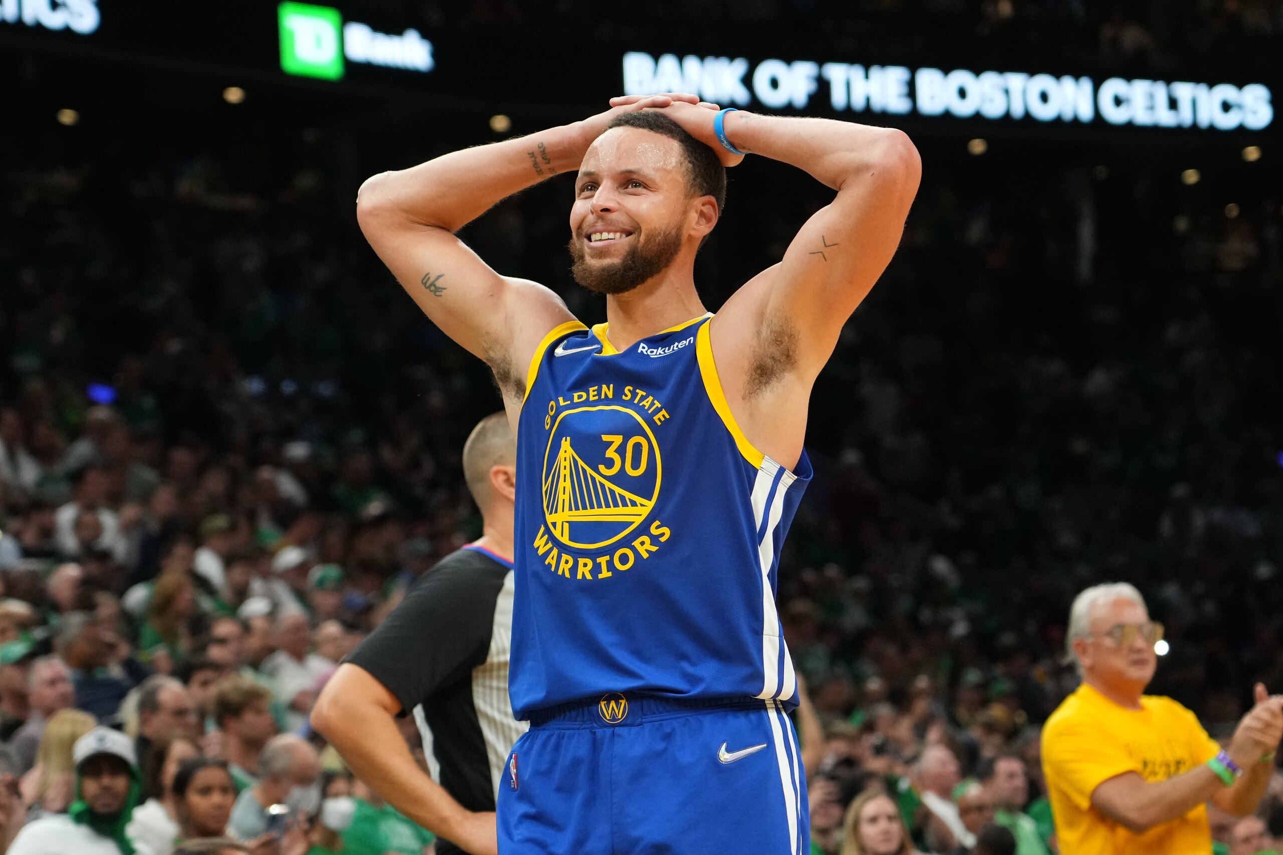 BOSTON, MA - JUNE 16: Stephen Curry #30 of the Golden State Warriors smiles during Game Six of the 2022 NBA Finals on June 16, 2022 at TD Garden in Boston, Massachusetts. NOTE TO USER: User expressly acknowledges and agrees that, by downloading and or using this photograph, user is consenting to the terms and conditions of Getty Images License Agreement. Mandatory Copyright Notice: Copyright 2022 NBAE (Photo by Jesse D. Garrabrant/NBAE via Getty Images)