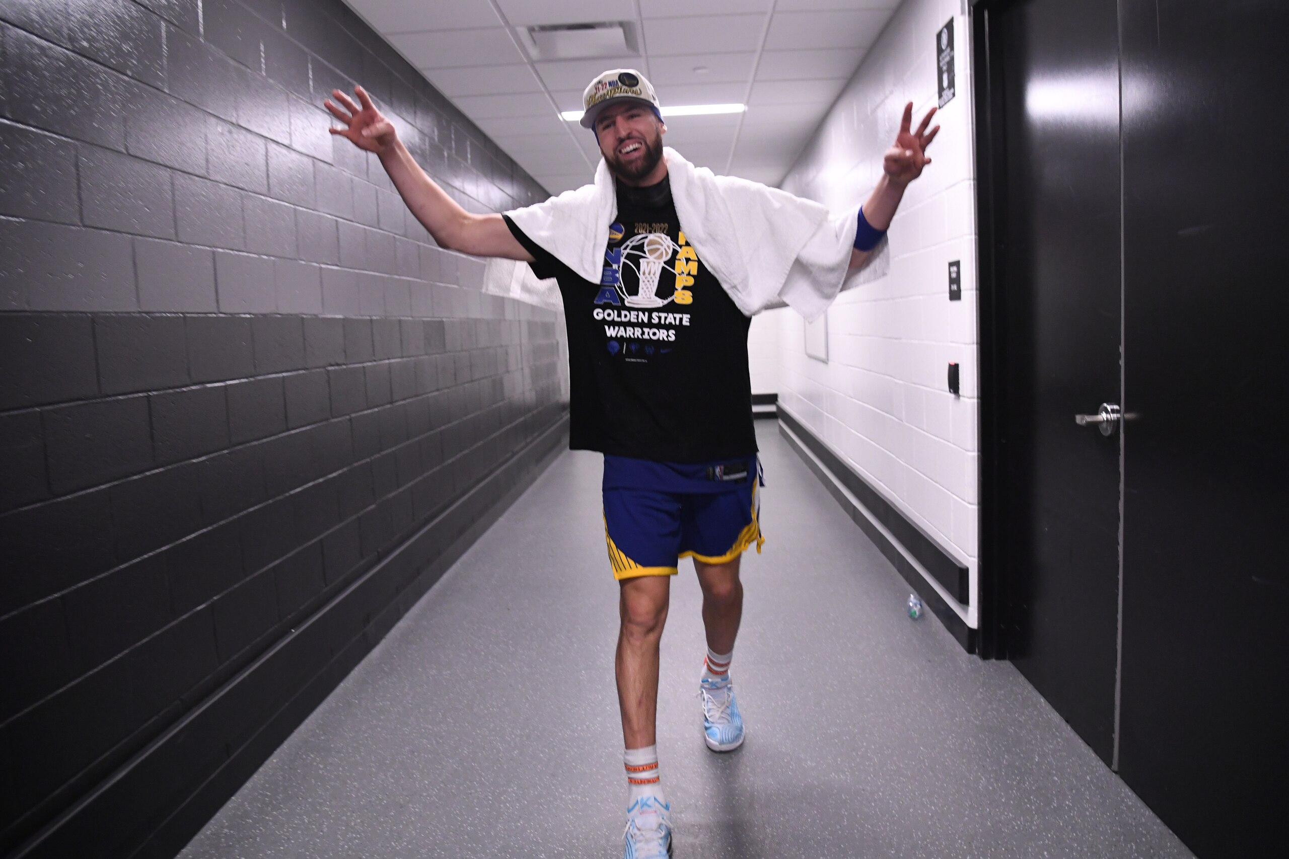 BOSTON, MA - JUNE 16: Klay Thompson #11 of the Golden State Warriors smiles after Game Six of the 2022 NBA Finals on June 16, 2022 at TD Garden in Boston, Massachusetts. NOTE TO USER: User expressly acknowledges and agrees that, by downloading and or using this photograph, user is consenting to the terms and conditions of Getty Images License Agreement. Mandatory Copyright Notice: Copyright 2022 NBAE (Photo by Noah Graham/NBAE via Getty Images)