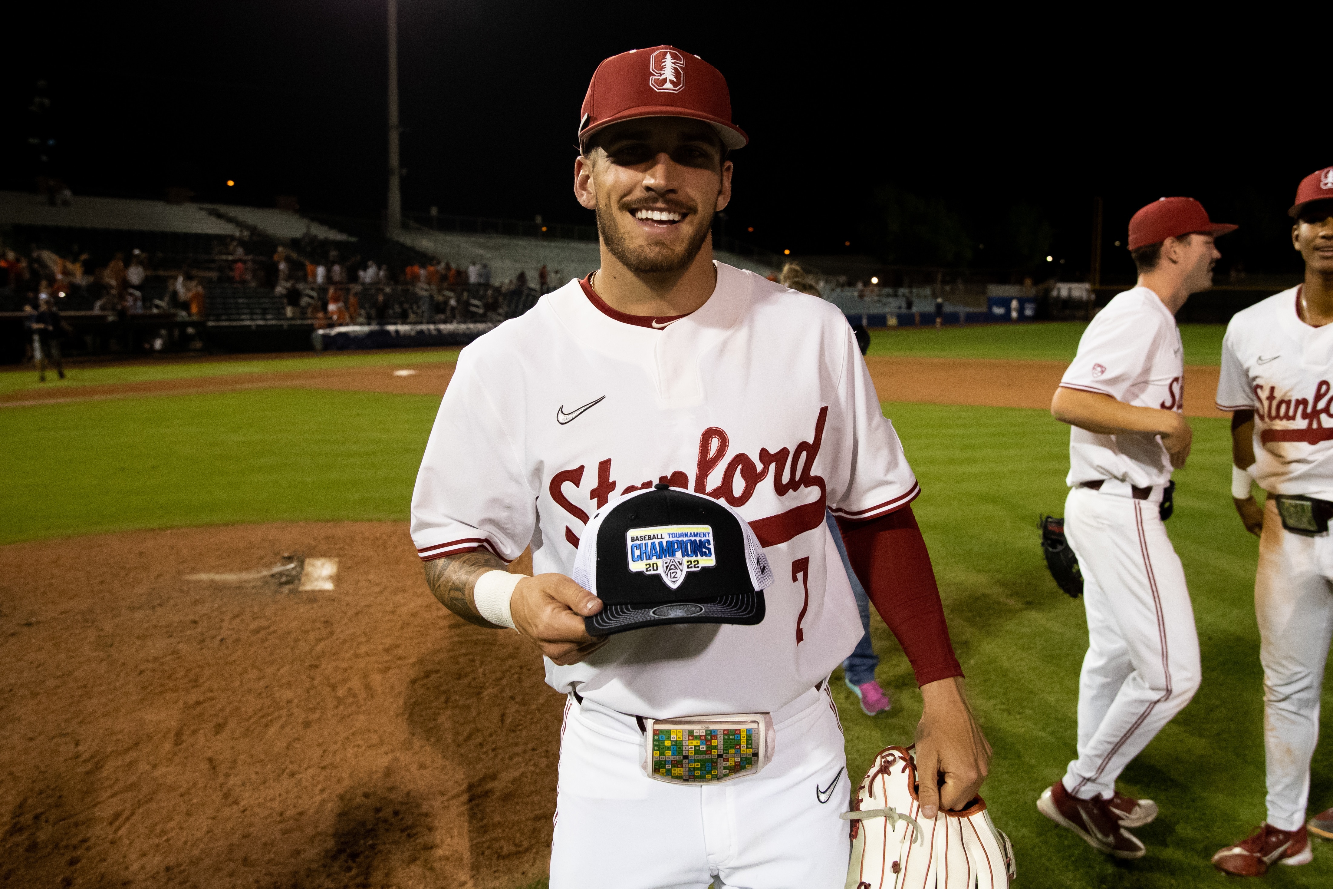 SCOTTSDALE, AZ - MAY 29: Stanford Cardinal Outfielder Brock Jones (7) celebrates after winning the PAC-12 Baseball Championship game between the Stanford Cardinal and the Oregon State Beavers on May 29, 2022, at Scottsdale Stadium, in Scottsdale, AZ. (Photo by Zac BonDurant/Icon Sportswire via Getty Images)
