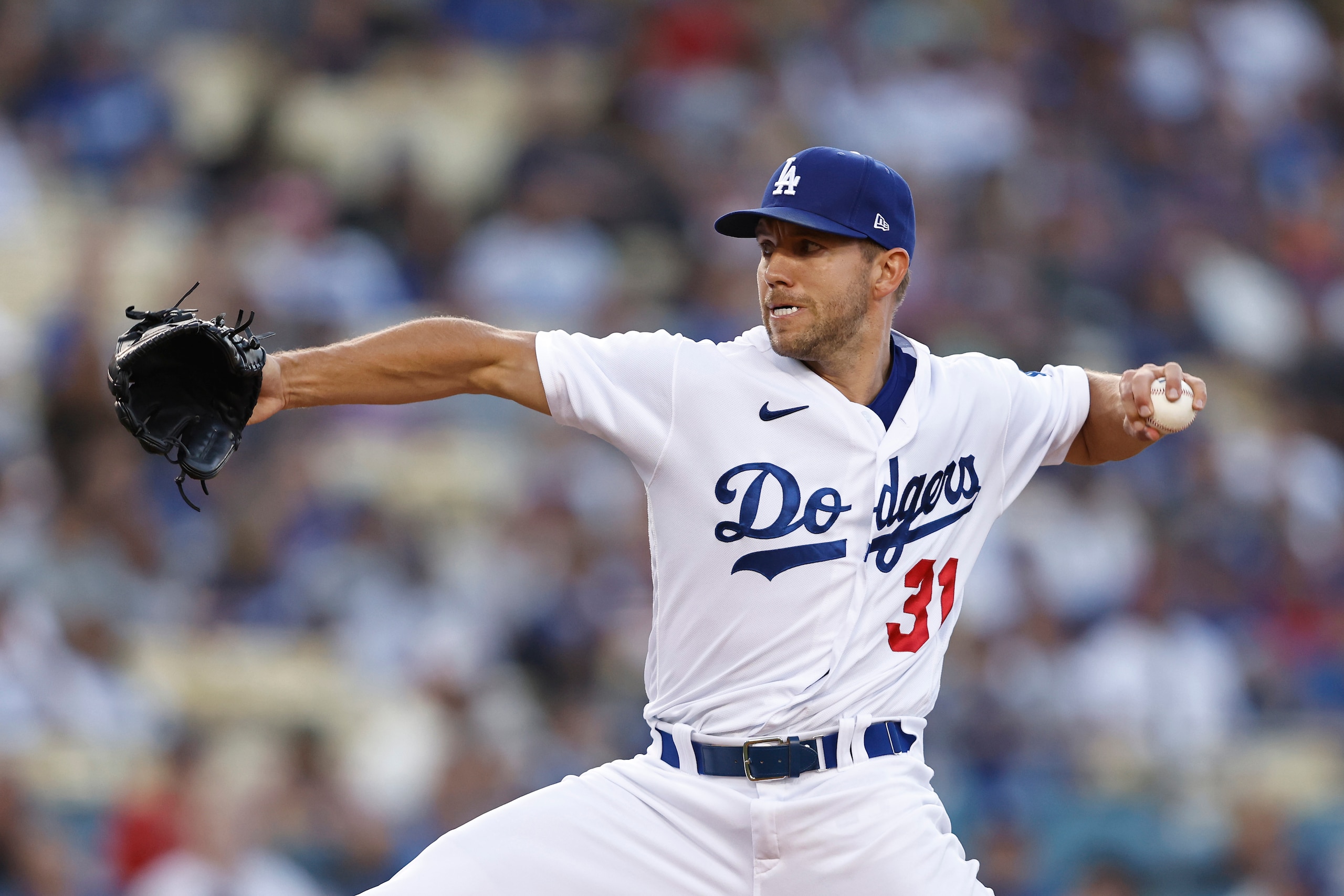 LOS ANGELES, CALIFORNIA - JUNE 15: Tyler Anderson #31 of the Los Angeles Dodgers pitches against the Los Angeles Angels during the first inning at Dodger Stadium on June 15, 2022 in Los Angeles, California. (Photo by Michael Owens/Getty Images)
