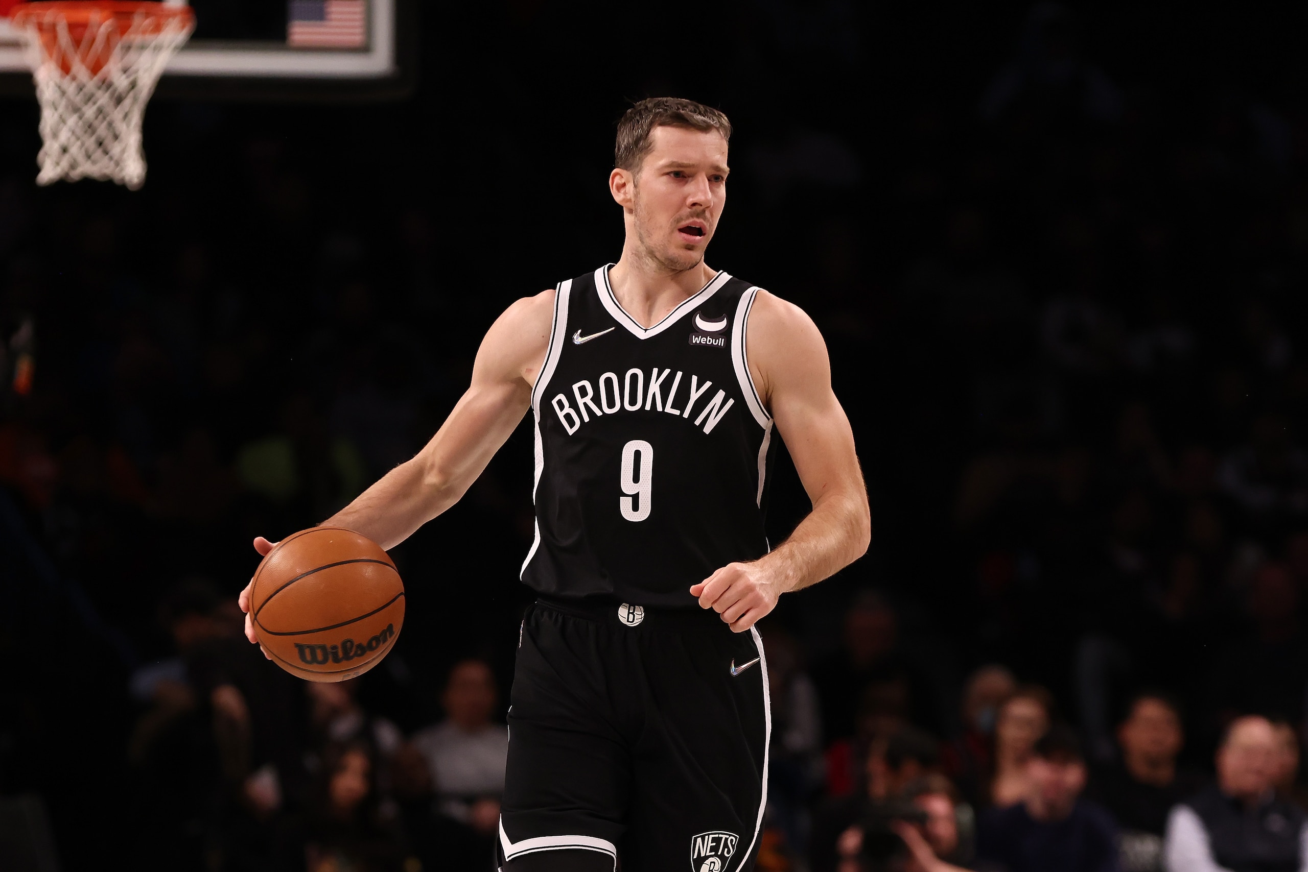 NEW YORK, NEW YORK - MARCH 29: Goran Dragic #9 of the Brooklyn Nets in action against the Detroit Pistons at Barclays Center on March 29, 2022 in New York City. NOTE TO USER: User expressly acknowledges and agrees that, by downloading and or using this photograph, User is consenting to the terms and conditions of the Getty Images License Agreement. Brooklyn Nets defeated the Detroit Pistons 130-123. (Photo by Mike Stobe/Getty Images) NEW YORK, NEW YORK - MARCH 29: Goran Dragic #9 of the Brooklyn Nets in action against the Detroit Pistons at Barclays Center on March 29, 2022 in New York City. NOTE TO USER: User expressly acknowledges and agrees that, by downloading and or using this photograph, User is consenting to the terms and conditions of the Getty Images License Agreement. Brooklyn Nets defeated the Detroit Pistons 130-123. (Photo by Mike Stobe/Getty Images)