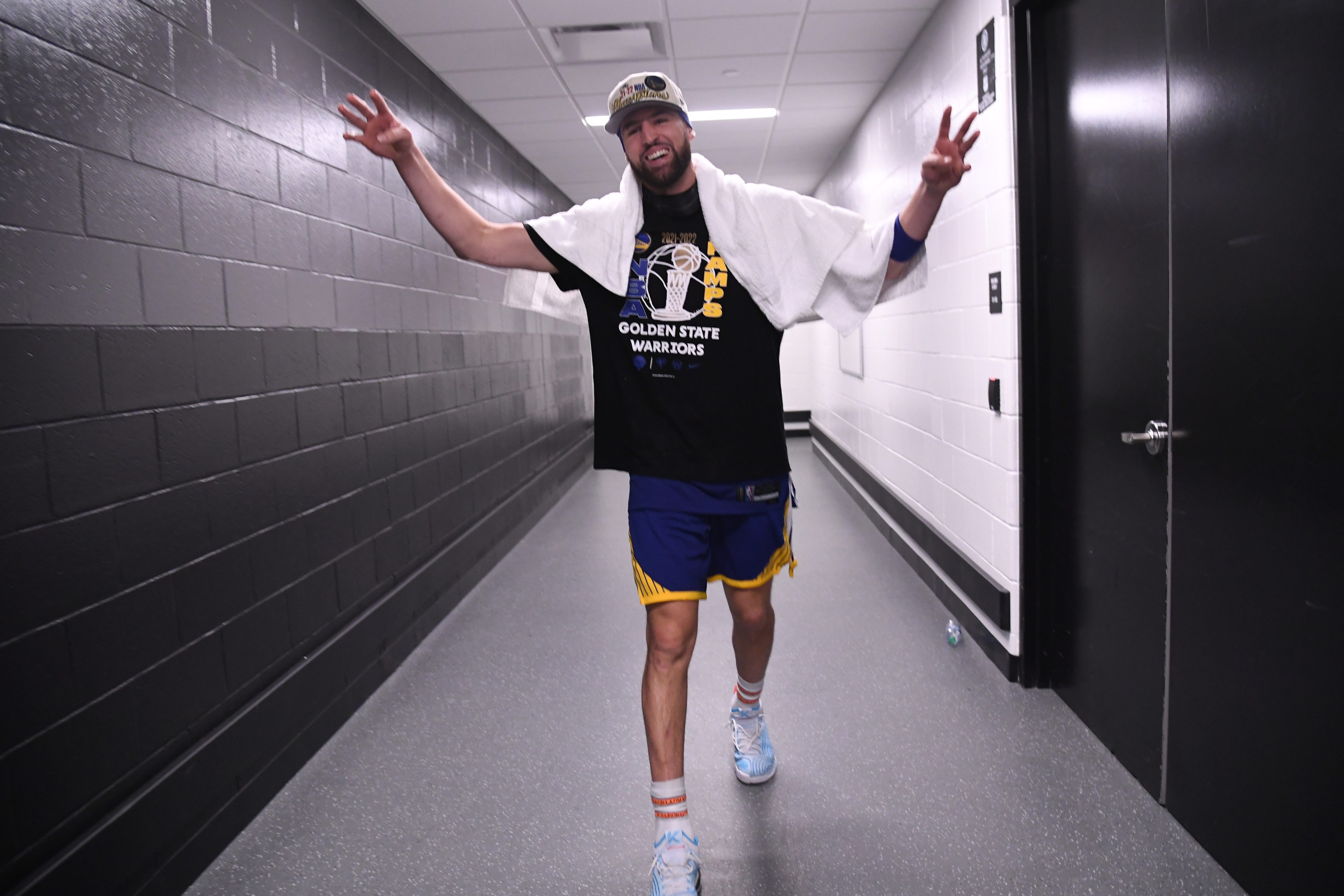 BOSTON, MA - JUNE 16: Klay Thompson #11 of the Golden State Warriors smiles after Game Six of the 2022 NBA Finals on June 16, 2022 at TD Garden in Boston, Massachusetts. NOTE TO USER: User expressly acknowledges and agrees that, by downloading and or using this photograph, user is consenting to the terms and conditions of Getty Images License Agreement. Mandatory Copyright Notice: Copyright 2022 NBAE (Photo by Noah Graham/NBAE via Getty Images)