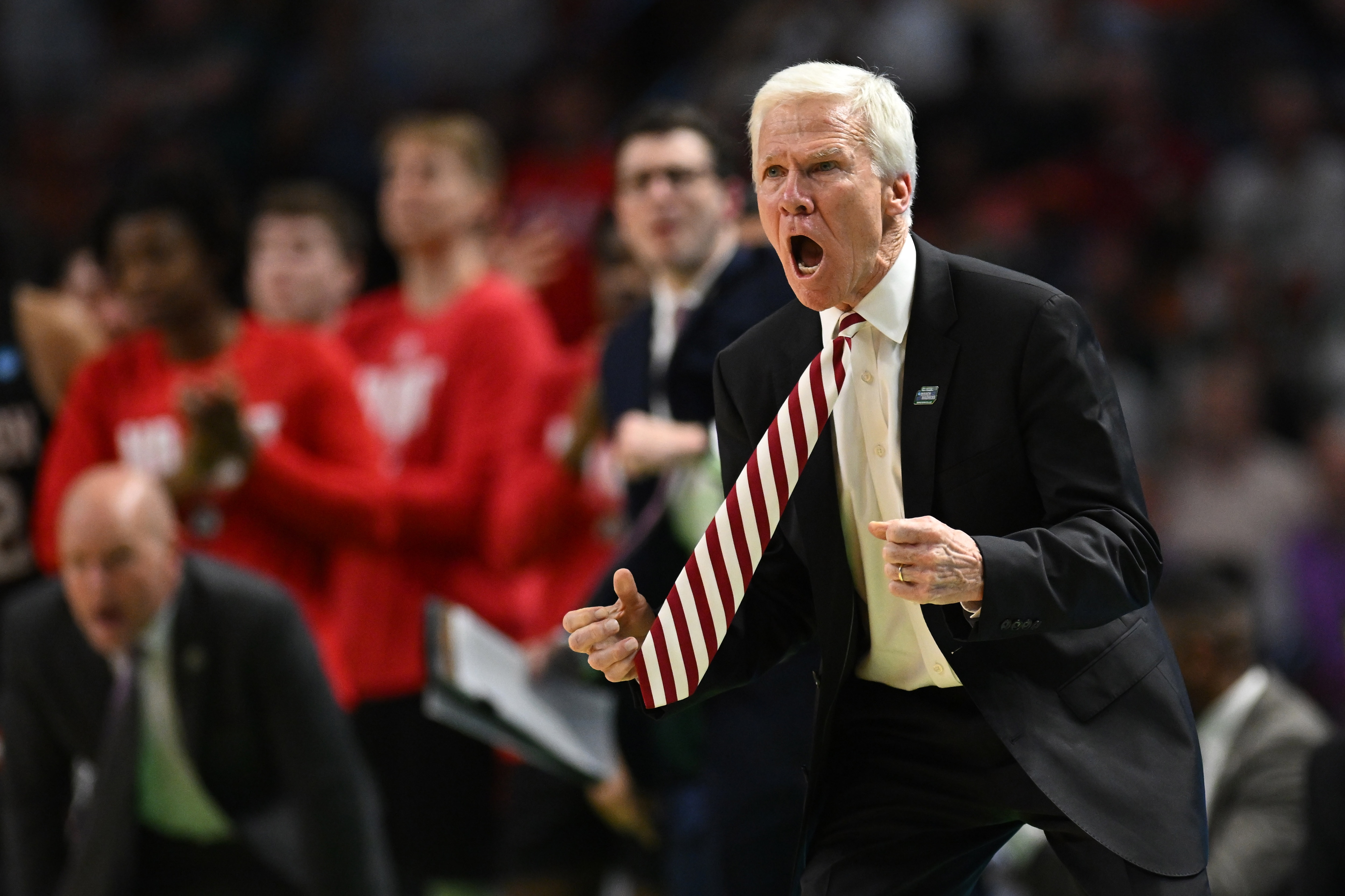 GREENVILLE, SC - MARCH 18: Head coach Bob McKillop of the Davidson Wildcats reacts to the game against the Michigan State Spartans during the first round of the 2022 NCAA Men's Basketball Tournament held at Bon Secours Wellness Arena on March 18, 2022 in Greenville, South Carolina. (Photo by Grant Halverson/NCAA Photos via Getty Images)