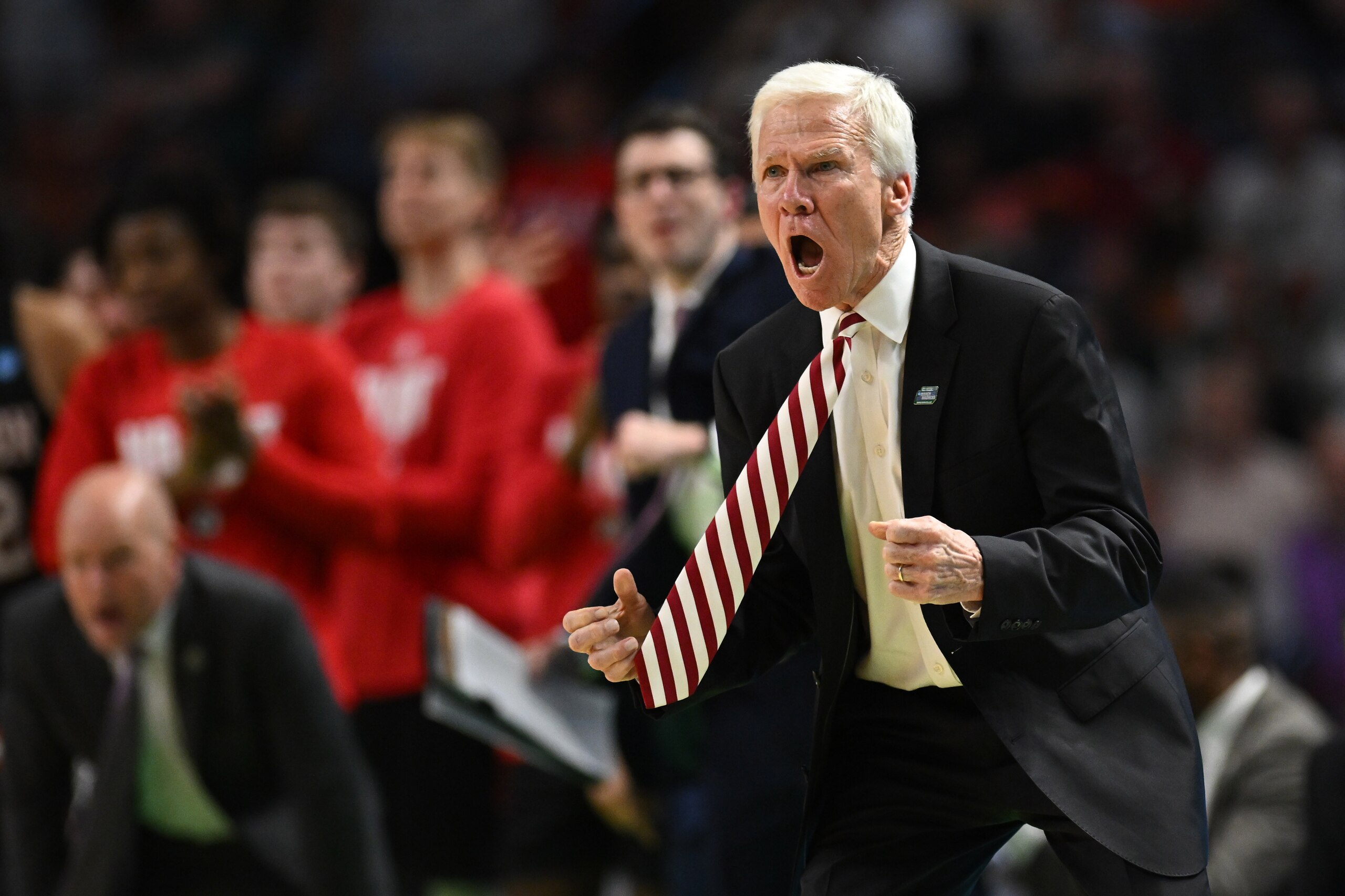 GREENVILLE, SC - MARCH 18: Head coach Bob McKillop of the Davidson Wildcats reacts to the game against the Michigan State Spartans during the first round of the 2022 NCAA Men's Basketball Tournament held at Bon Secours Wellness Arena on March 18, 2022 in Greenville, South Carolina. (Photo by Grant Halverson/NCAA Photos via Getty Images)