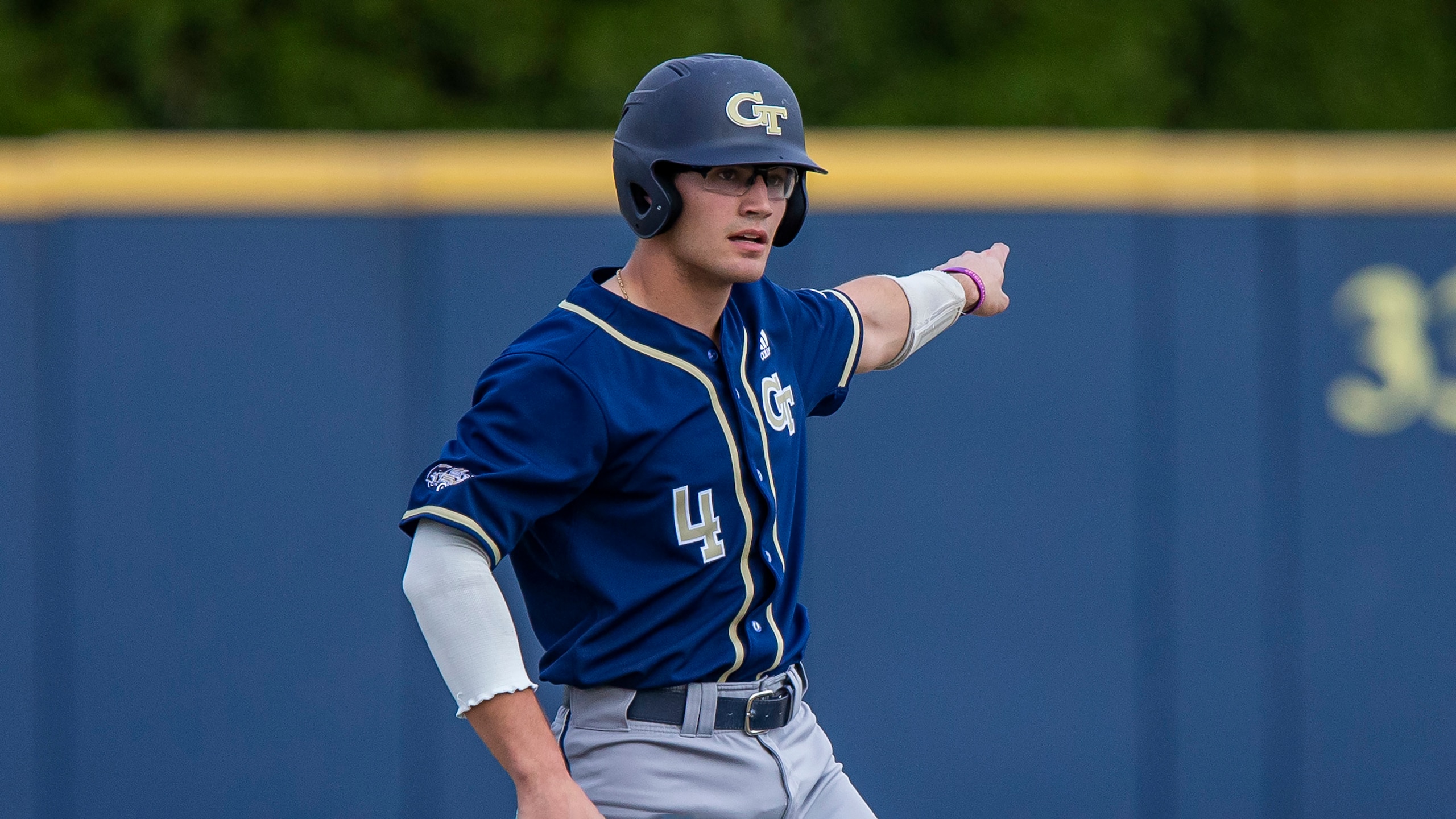 Georgia Tech's Kevin Parada on second base during an NCAA baseball game against Notre Dame on Friday, April 09, 2021, in South Bend, Ind. (AP Photo/Robert Franklin)