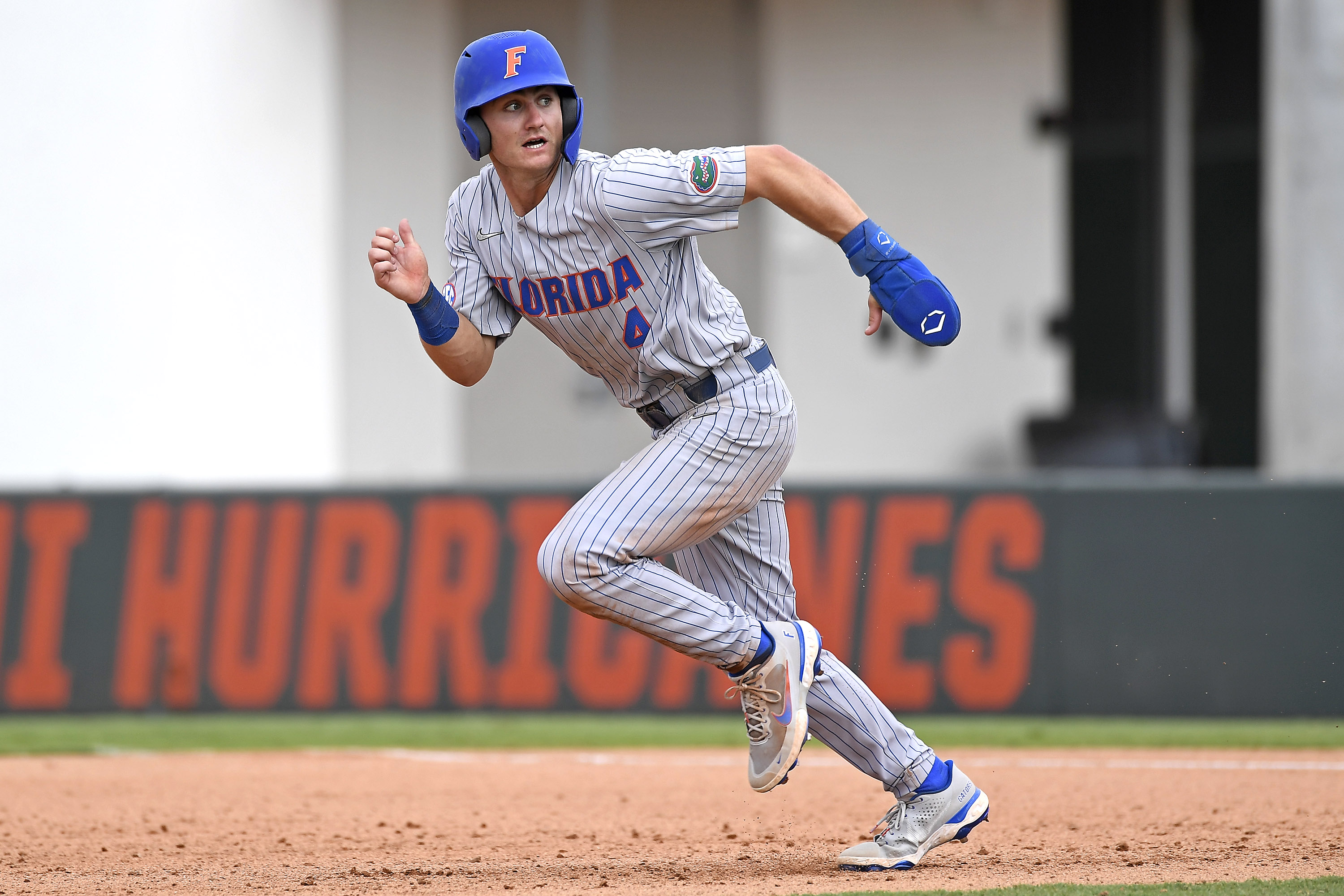 CORAL GABLES, FL - MARCH 06: Florida outfielder Jud Fabian (4) runs to second base in the eighth inning as the University of Miami Hurricanes faced the University of Florida Gators on March 6, 2022, at Mark Light Field at Alex Rodriguez Park in Coral Gables, Florida. (Photo by Samuel Lewis/Icon Sportswire via Getty Images)