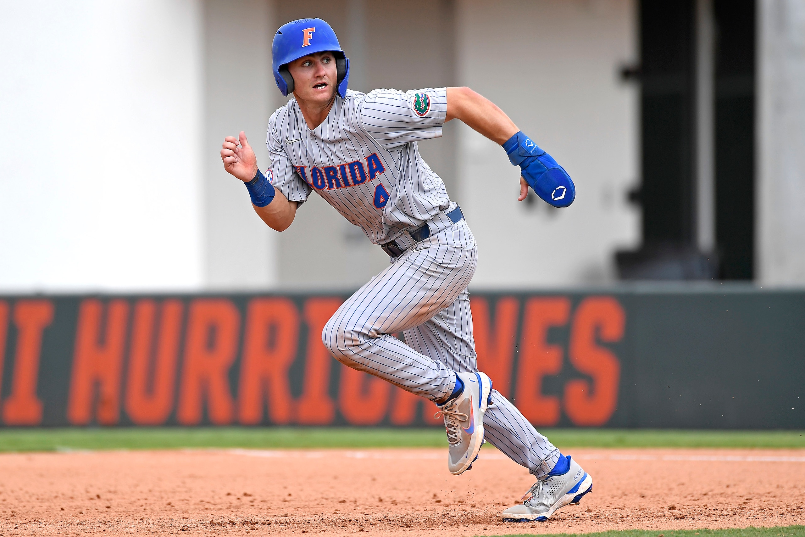CORAL GABLES, FL - MARCH 06: Florida outfielder Jud Fabian (4) runs to second base in the eighth inning as the University of Miami Hurricanes faced the University of Florida Gators on March 6, 2022, at Mark Light Field at Alex Rodriguez Park in Coral Gables, Florida. (Photo by Samuel Lewis/Icon Sportswire via Getty Images)