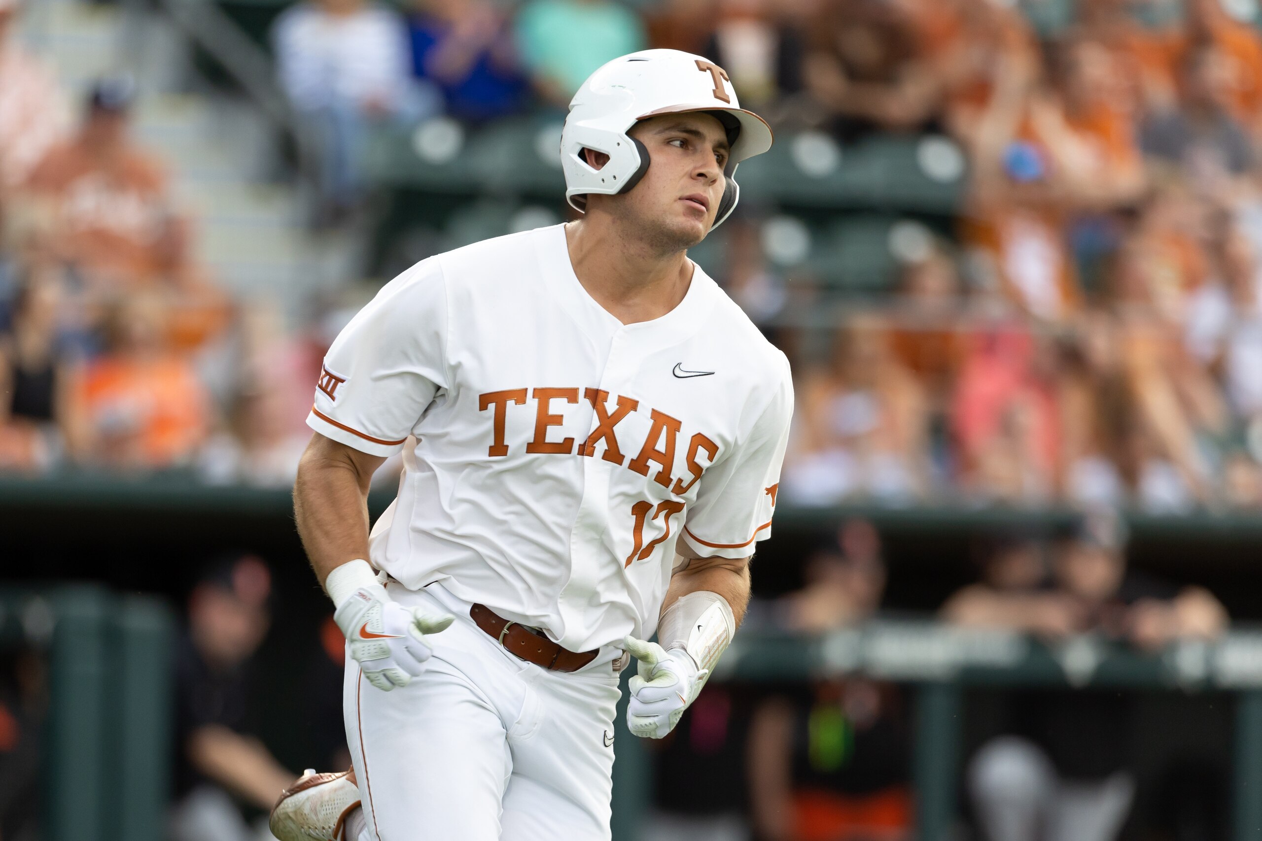 AUSTIN, TX - APRIL 29: Texas Longhorns infielder Ivan Melendez (17) runs towards first base during the game between Texas Longhorns and Oklahoma State Cowboys on April 29, 2022, at UFCU Disch-Falk Field in Austin, TX. (Photo by David Buono/Icon Sportswire via Getty Images)