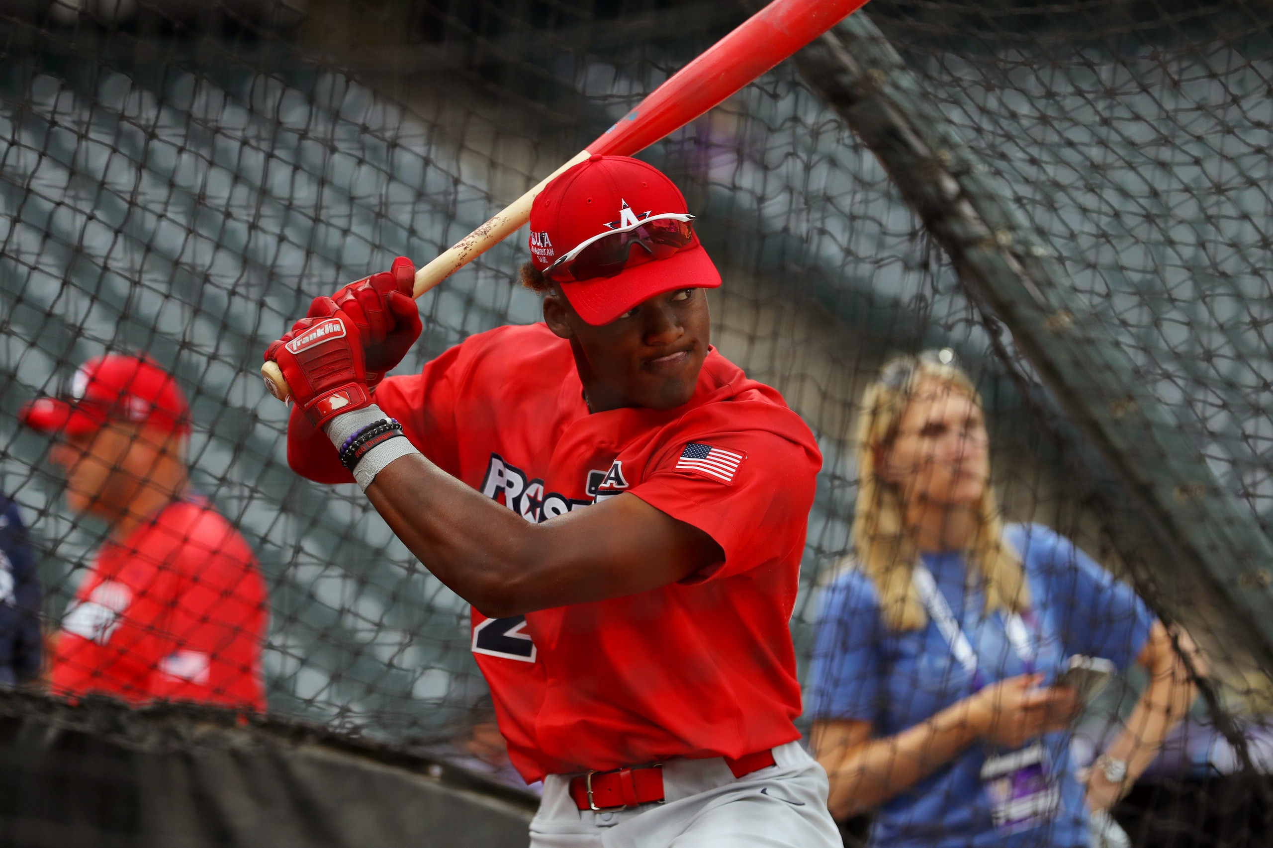DENVER, CO - JULY 09:  Elijah Green #32 of the Ameican League Team takes batting practice prior to the MLB USA Baseball All-American Game at Coors Field on Friday, July 9, 2021 in Denver, Colorado. (Photo by Mary DeCicco/MLB Photos via Getty Images)