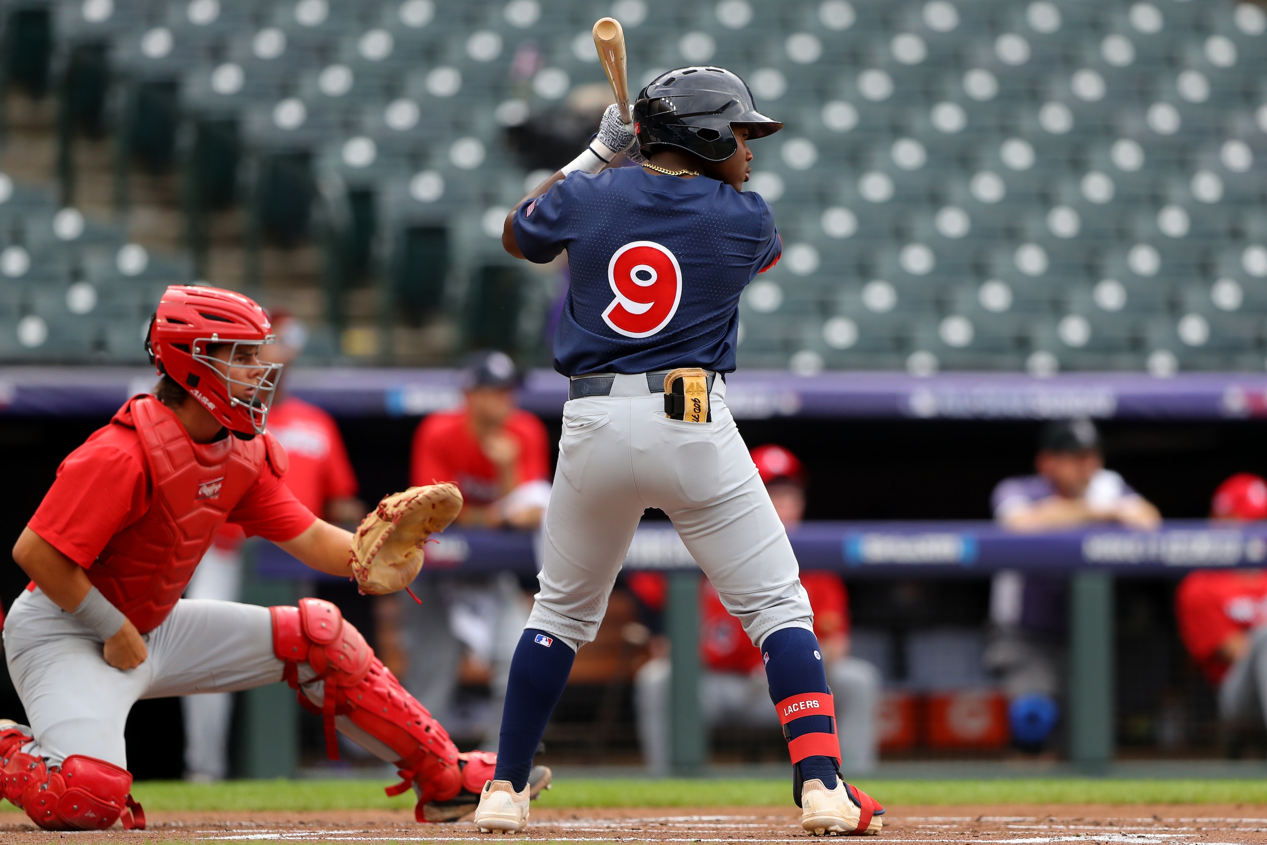 DENVER, CO - JULY 09:  Termarr Johnson #9 of the National League Team bats during the MLB USA Baseball All-American Game at Coors Field on Friday, July 9, 2021 in Denver, Colorado. (Photo by Mary DeCicco/MLB Photos via Getty Images)