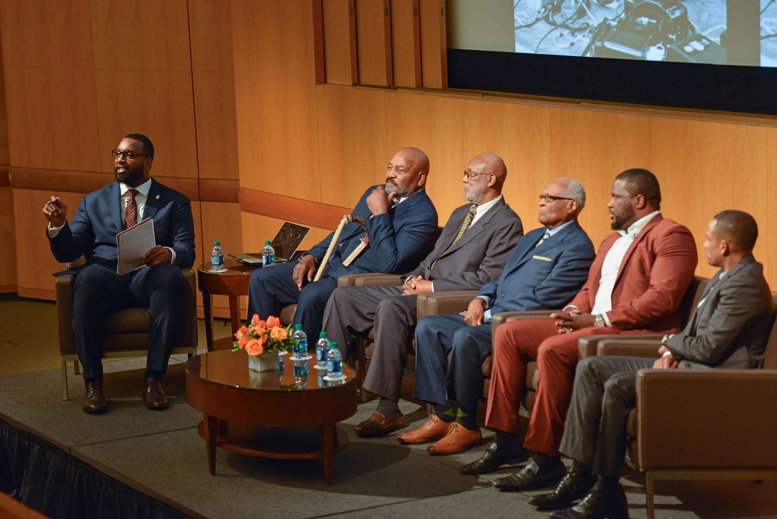 CLEVELAND, OH - FEBRUARY 24:  Hennessy V.S.O.P Privilege and the Cleveland Cavaliers present the 2017 Jim Brown Cleveland Summit: What It Means to Black Athletes 50 Years Later panel, hosted at the Intercontinental in Cleveland, OH on Feb. 24, 2017. Actor, philanthropist and recipient of the 2016 V.S.O.P Privilege Award, Hill Harper, partook in the panel along with football icon, Jim Brown, Bronze medalist, John Carlos, Olympian and former Hennessy executive, Herbert Douglas, Jr. and Super Bowl champion and former Baltimore Ravens linebacker, Jameel McClain. Super Bowl champion and current ESPN host, Chris Canty, moderated the panel. Hennessy V.S.O.P Privilege continues to support multicultural organizations such as the National Urban League, the NAACP, and the Thurgood Marshall College Fund, which are dedicated to supporting the African American community. The Cleveland Cavaliers will honor the legacy of Muhammad Ali and the critical Jim Brown Summit during a memorable halftime presentation during Saturday's game as part of their month long annual Black Heritage Celebration presented by Hennessy. (Photo by Duane Prokop/Getty Images for Hennessy)