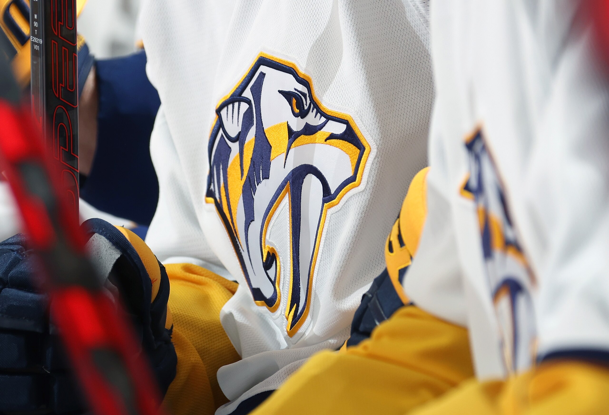 PHILADELPHIA, PA - MARCH 17:  A view of the jersey logo of the Nashville Predators during their game against the Philadelphia Flyers at the Wells Fargo Center on March 17, 2022 in Philadelphia, Pennsylvania.  (Photo by Len Redkoles/NHLI via Getty Images)
