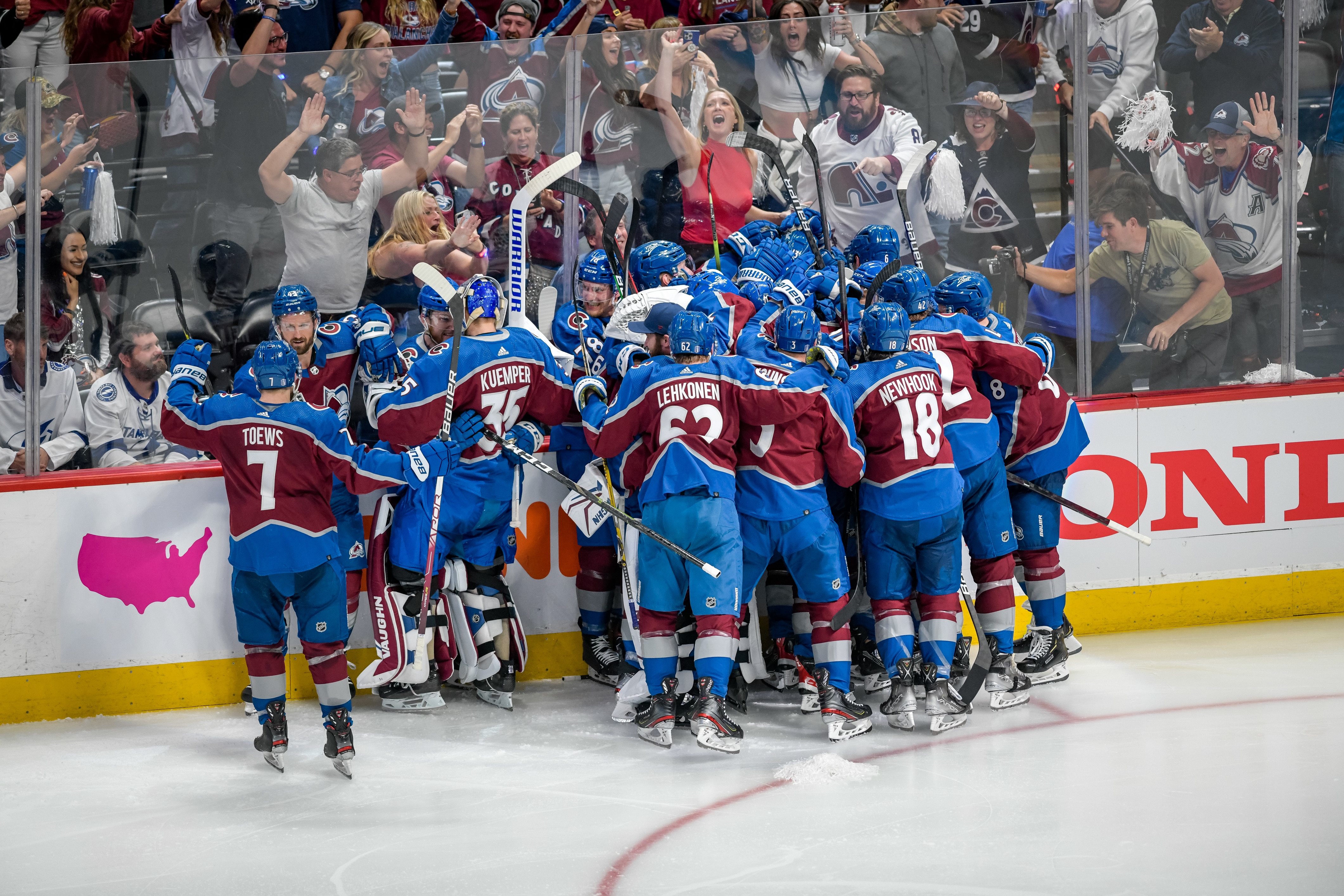 DENVER, CO - JUNE 15: Colorado Avalanche players celebrate after winning game game 1 of the Stanley Cup Finals between the Tampa Bay Lightning and the Colorado Avalanche at Ball Arena in Denver, Colorado, on June 15, 2022. (Photo by Mark Stahl/Icon Sportswire via Getty Images)