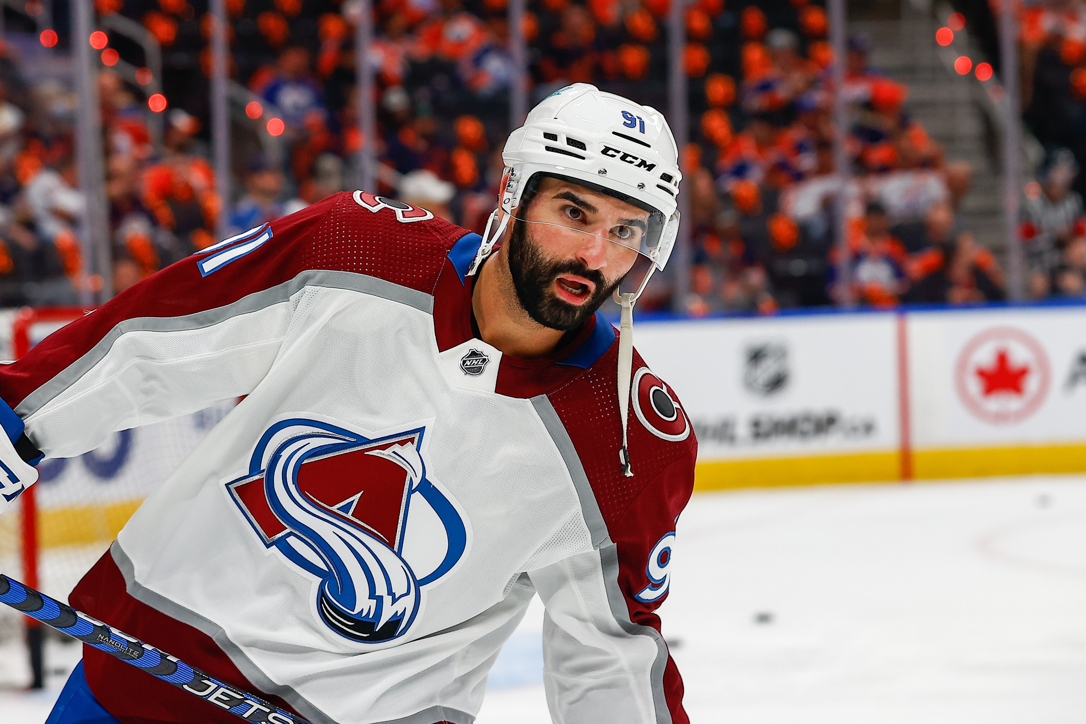 EDMONTON, AB - JUNE 04: Colorado Avalanche Center Nazem Kadri (91) in action in the warm up during the Edmonton Oilers versus the Colorado Avalanche Stanley Cup Western Conference Finals, game 3 on June 04, 2022 at Rogers Place in Edmonton, AB. (Photo by Curtis Comeau/Icon Sportswire via Getty Images)