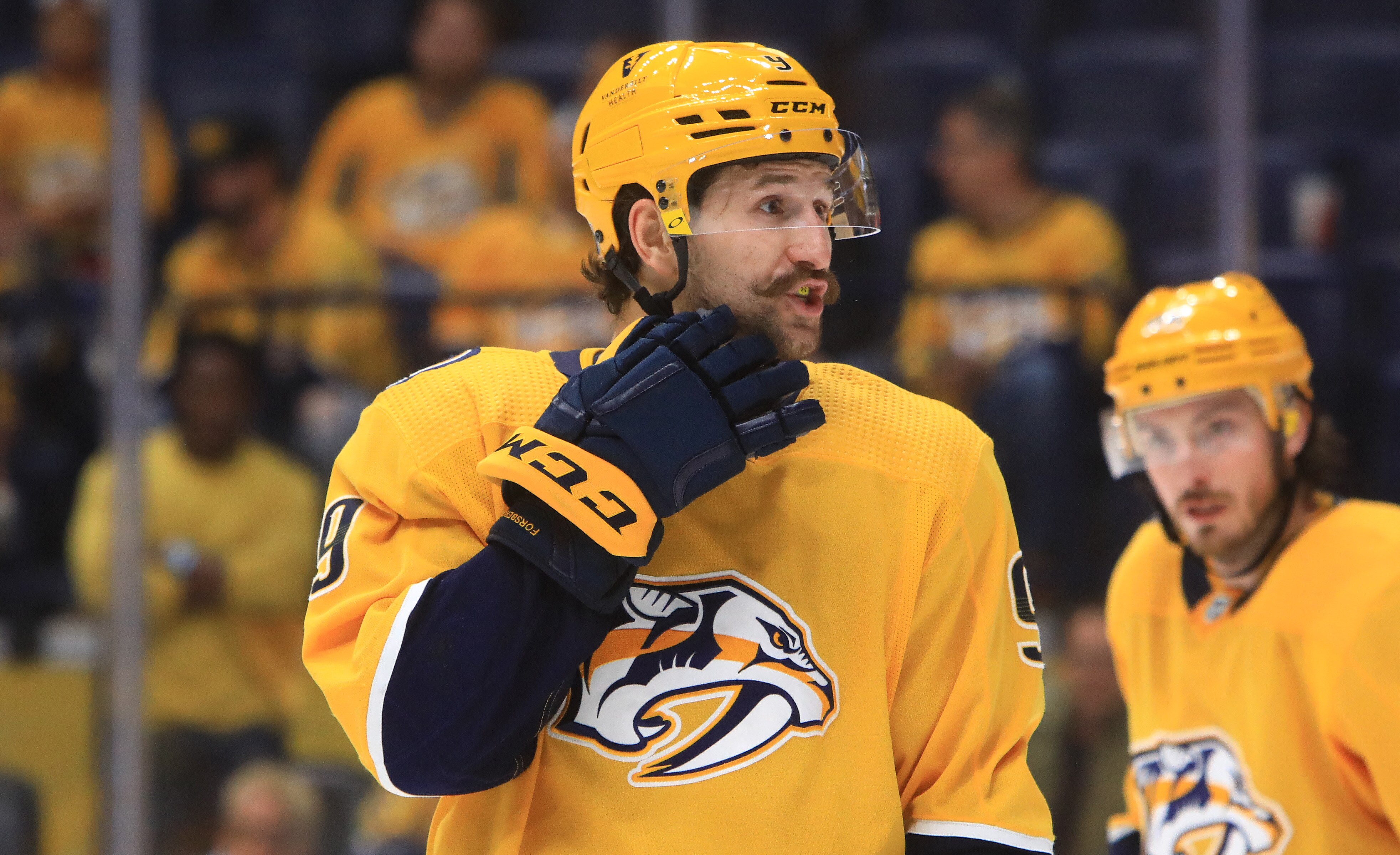 NASHVILLE, TN - MAY 09: Nashville Predators left wing Filip Forsberg (9), of Sweden, is shown during Game 4 of the first round of the Stanley Cup Playoffs between the Nashville Predators and Colorado Avalanche, held on May 9, 2022, at Bridgestone Arena in Nashville, Tennessee. (Photo by Danny Murphy/Icon Sportswire via Getty Images)