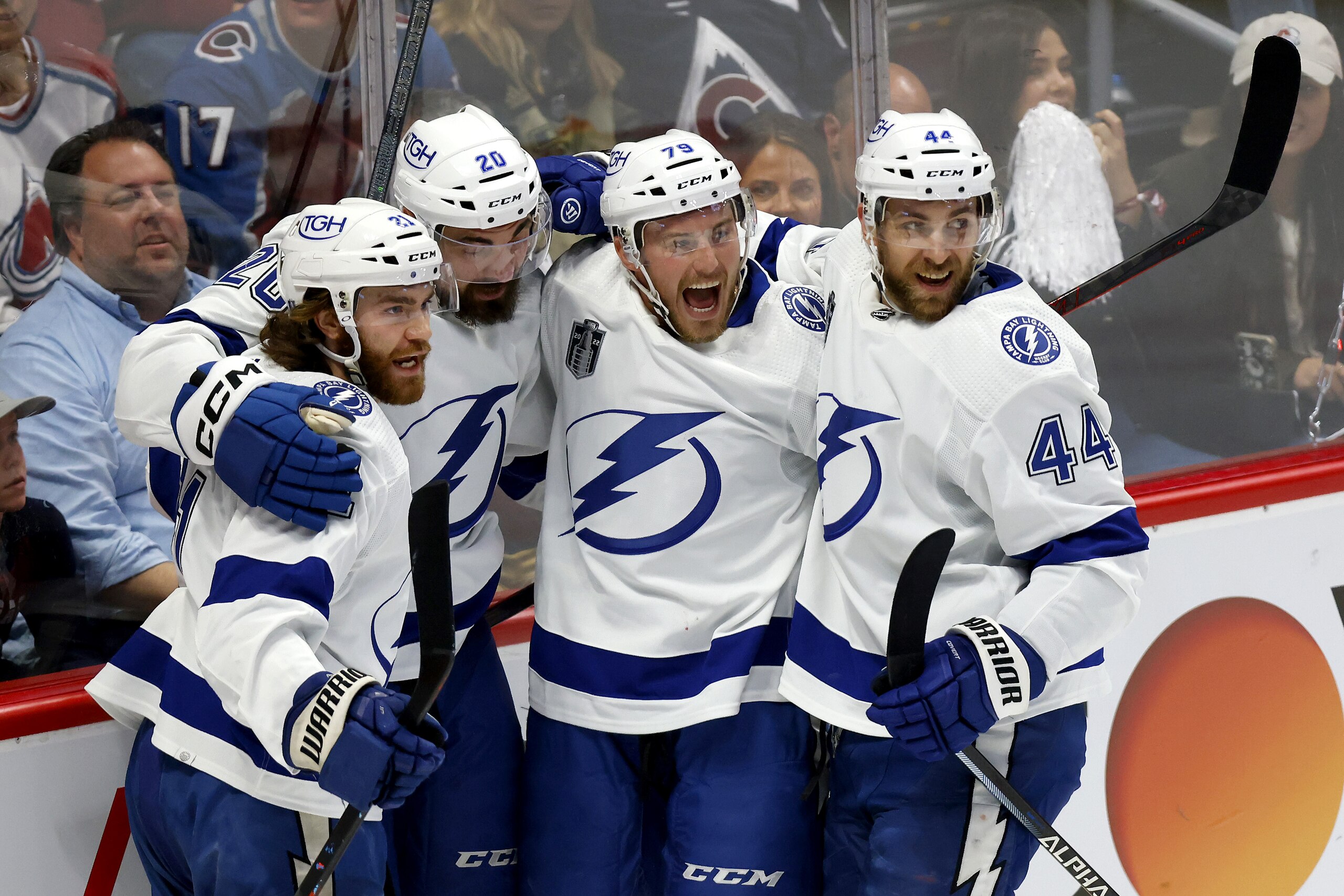DENVER, COLORADO - JUNE 15: Nicholas Paul #20 of the Tampa Bay Lightning celebrates with teammates after scoring a goal against the Colorado Avalanche during the first period in Game One of the 2022 Stanley Cup Final at Ball Arena on June 15, 2022 in Denver, Colorado. (Photo by Justin Edmonds/Getty Images)