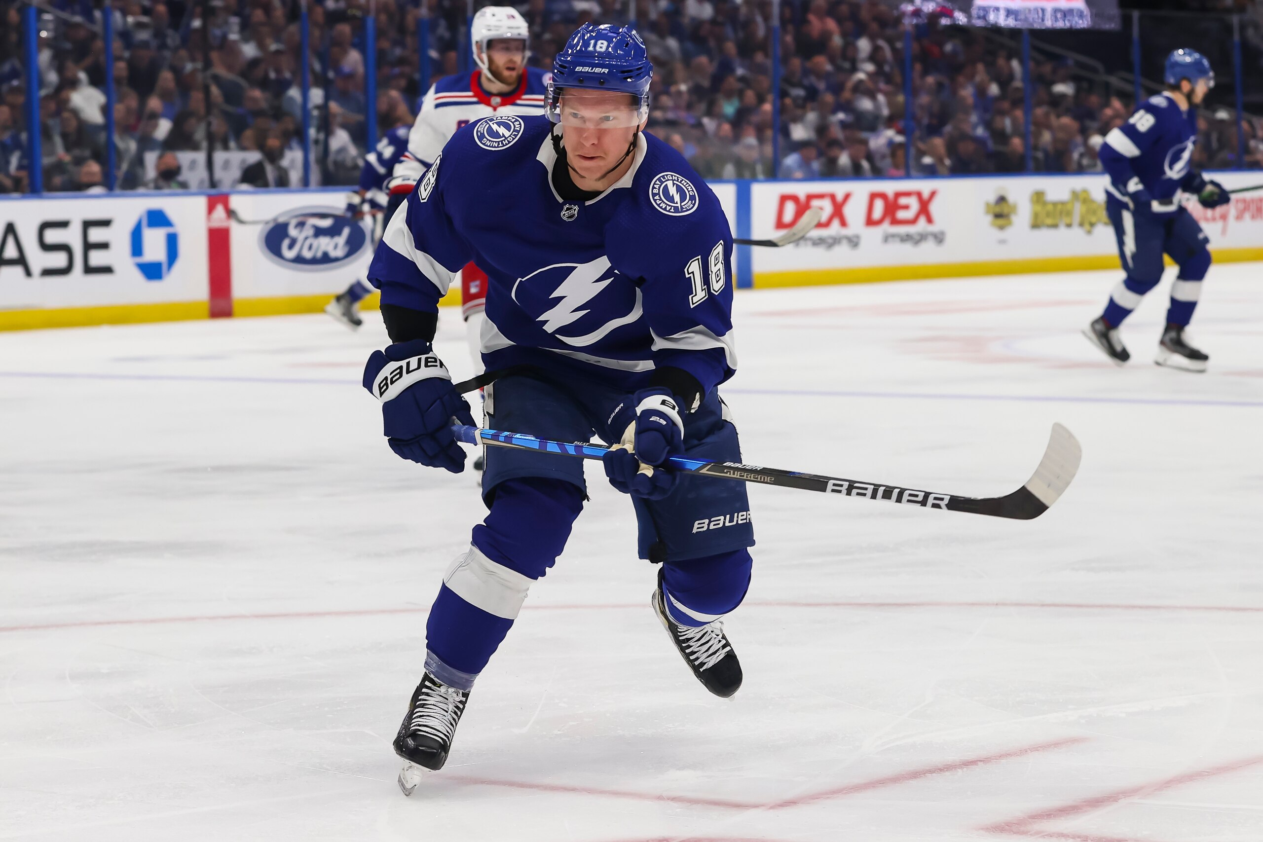 TAMPA, FL - JUNE 7: Ondrej Palat #18 of the Tampa Bay Lightning skates against the New York Rangers during the first period in Game Four of the Eastern Conference Final of the 2022 Stanley Cup Playoffs at Amalie Arena on June 7, 2022 in Tampa, Florida. (Photo by Mark LoMoglio/NHLI via Getty Images)