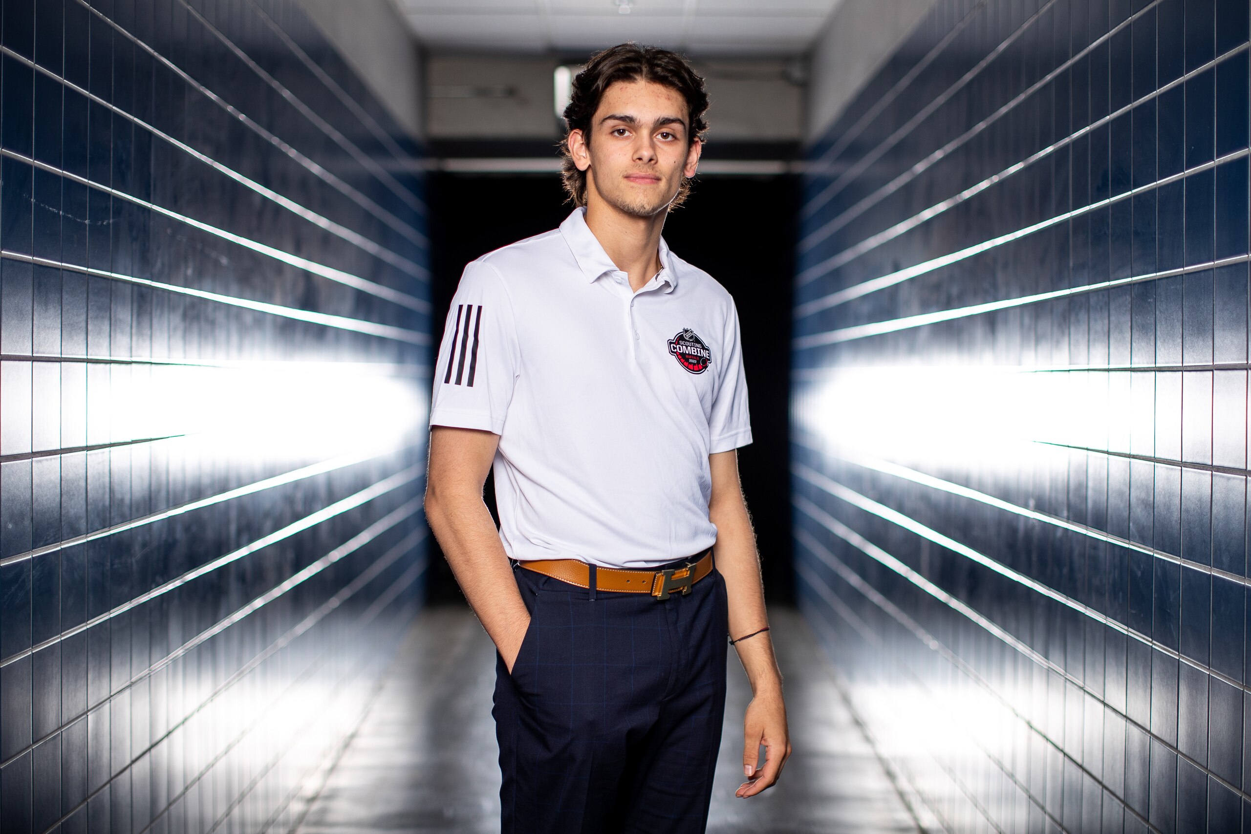 BUFFALO, NEW YORK - JUNE 01: Luca Del Bel Belluz poses for a portrait during the 2022 NHL Scouting Combine at the KeyBank Center on June 01, 2022 in Buffalo, New York. (Photo by Chase Agnello-Dean/NHLI via Getty Images)