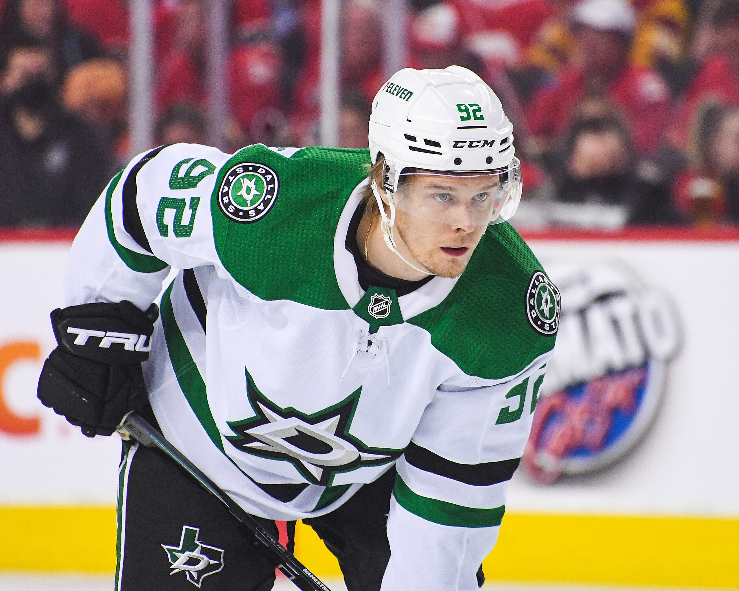CALGARY, AB - MAY 15: Vladislav Namestnikov #92 of the Dallas Stars in action against the Calgary Flames during Game Seven of the First Round of the 2022 Stanley Cup Playoffs at Scotiabank Saddledome on May 15, 2022 in Calgary, Alberta, Canada. The Flames defeated the Stars 3-2 in overtime. (Photo by Derek Leung/Getty Images)