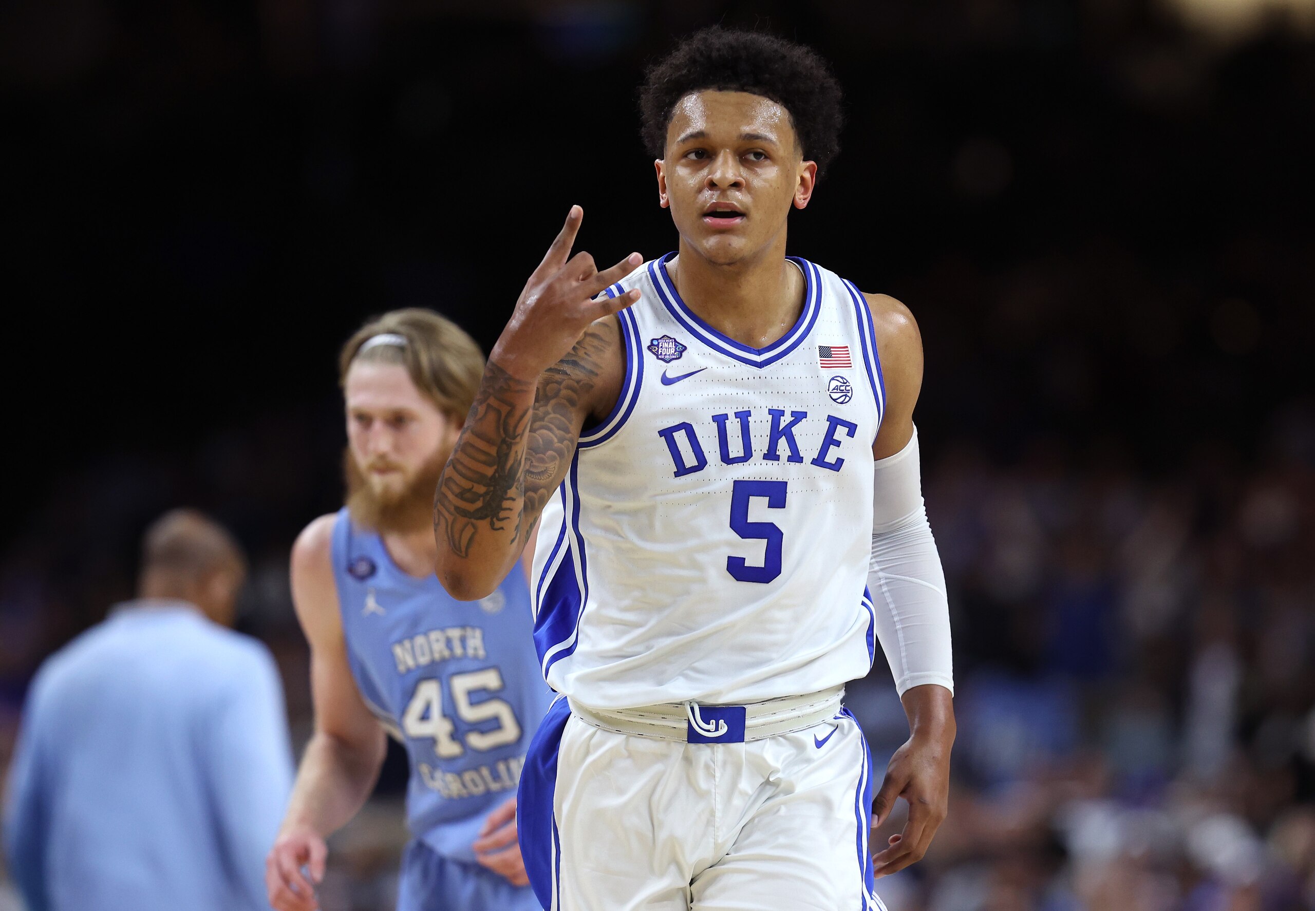 NEW ORLEANS, LOUISIANA - APRIL 02: Paolo Banchero #5 of the Duke Blue Devils reacts in the first half of the game against the North Carolina Tar Heels in the first half of the game during the 2022 NCAA Men's Basketball Tournament Final Four semifinal at Caesars Superdome on April 02, 2022 in New Orleans, Louisiana. (Photo by Jamie Squire/Getty Images)