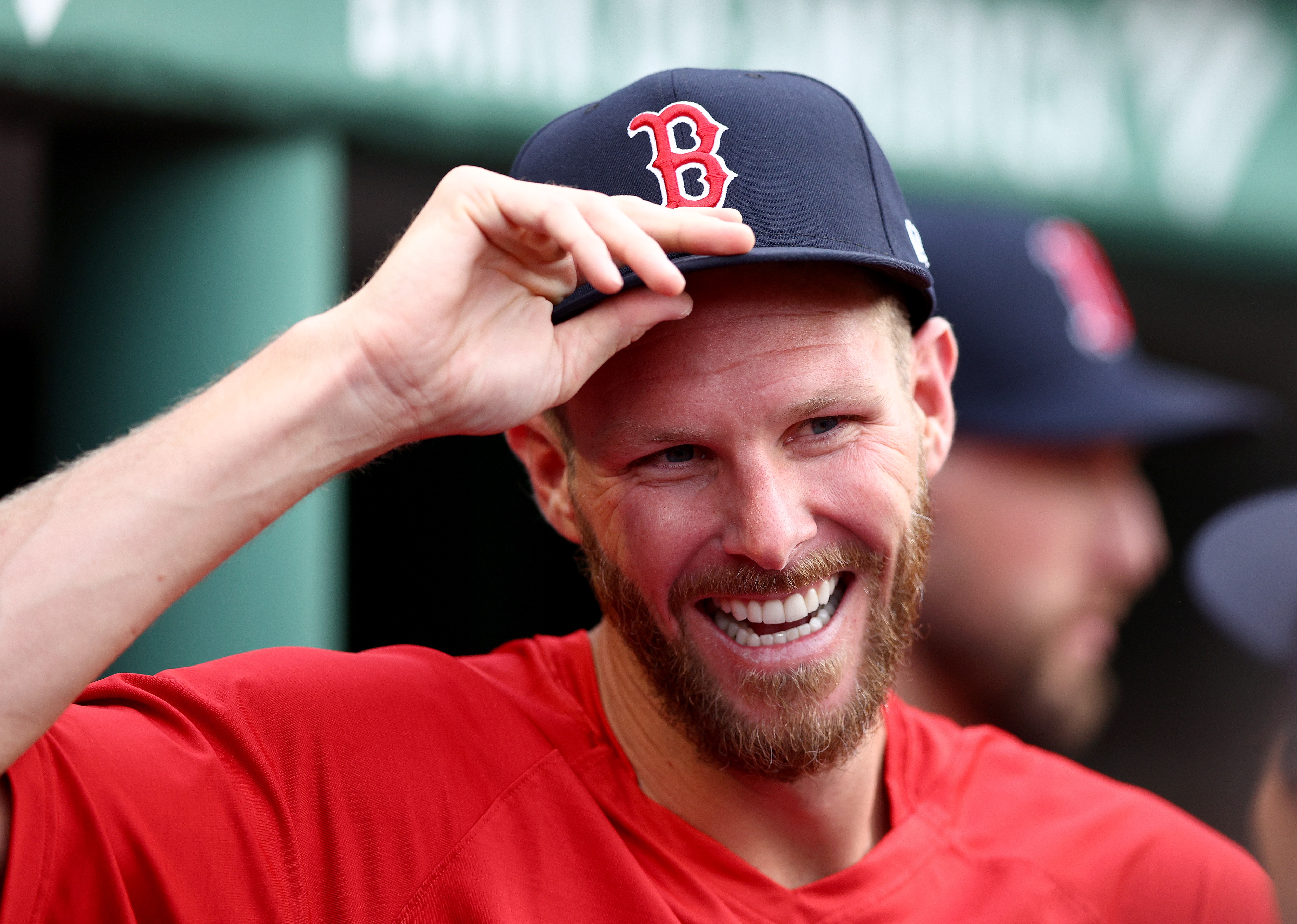 BOSTON, MASSACHUSETTS - JUNE 15:  Chris Sale of the Boston Red Sox looks on from the dugout before the game aooat Fenway Park on June 15, 2022 in Boston, Massachusetts. (Photo by Elsa/Getty Images)