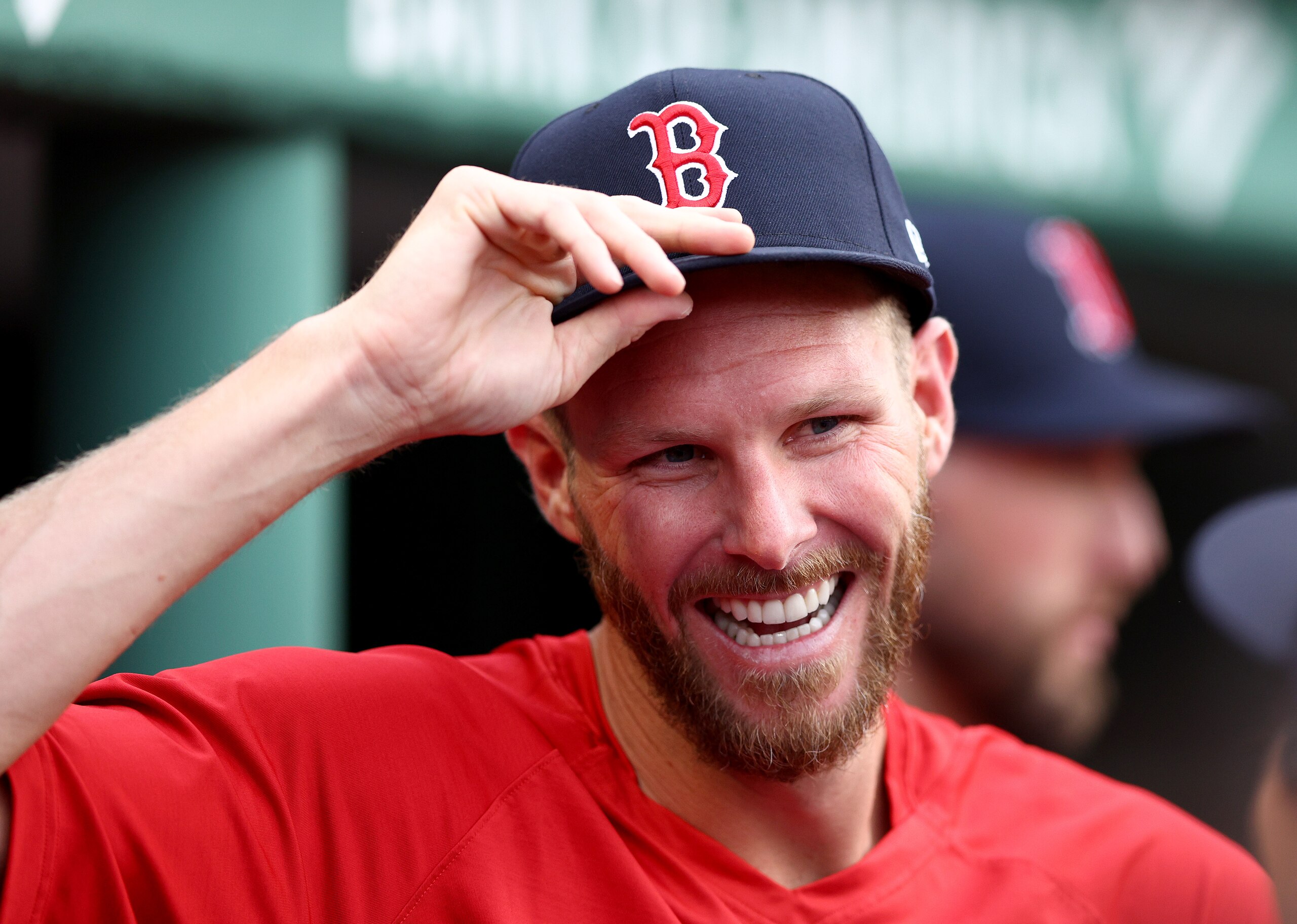 BOSTON, MASSACHUSETTS - JUNE 15:  Chris Sale of the Boston Red Sox looks on from the dugout before the game aooat Fenway Park on June 15, 2022 in Boston, Massachusetts. (Photo by Elsa/Getty Images)